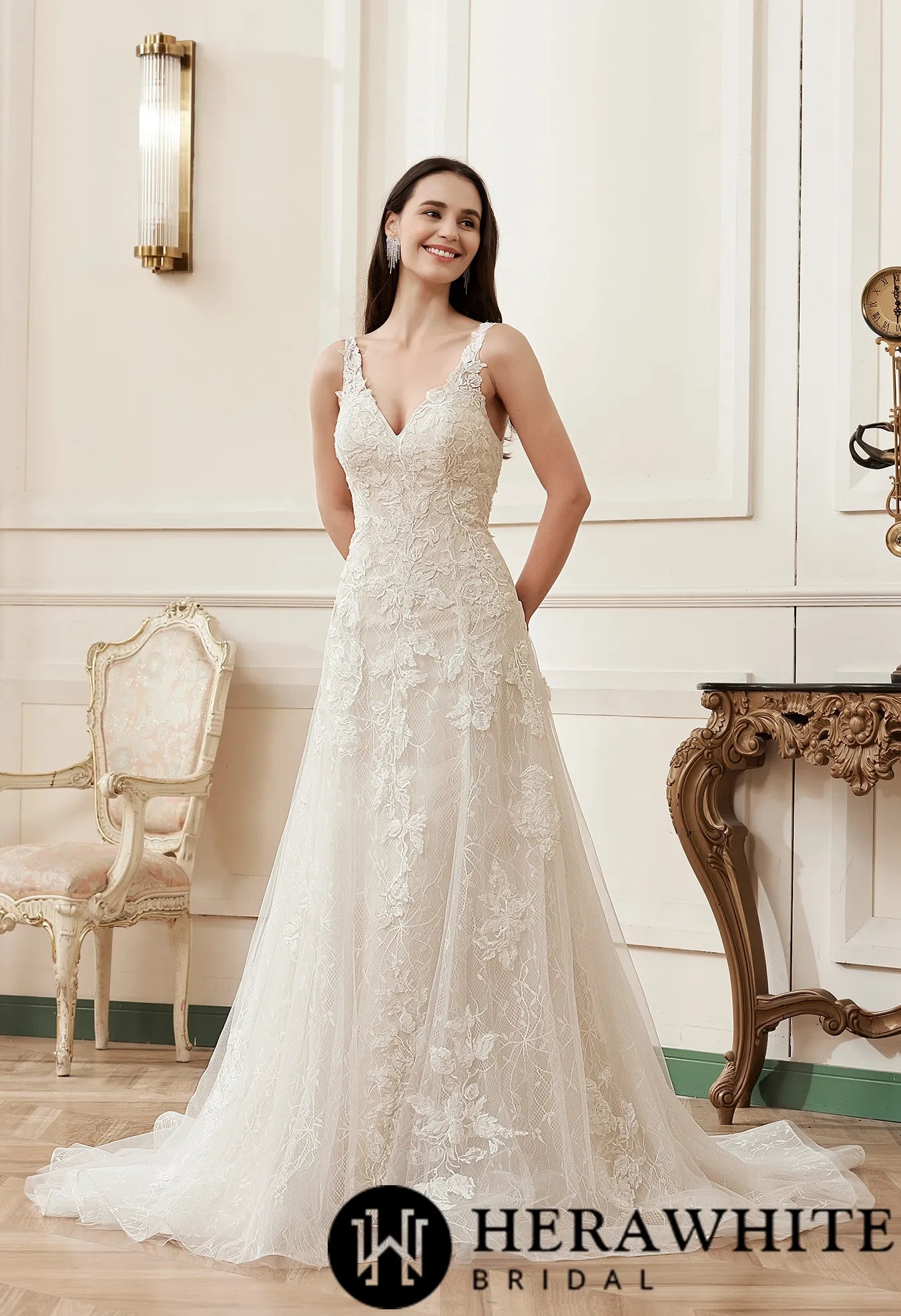 Romantic A-Line V-neck Floral Applique Court Train Bridal Gown