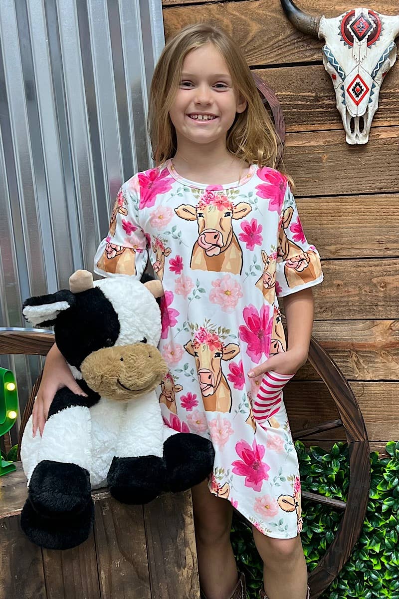 COW PRINTED DRESS WITH SIDE POCKETS. GSD021501-AMY: 2T