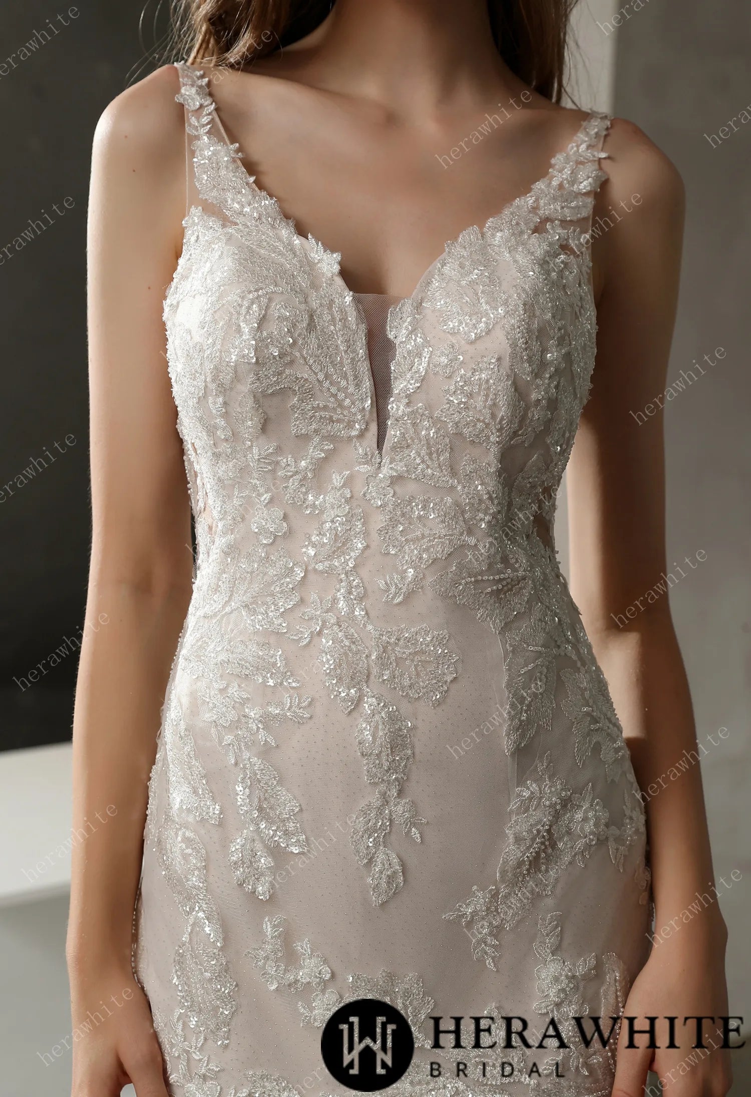 Plunging V-neck Mermaid Wedding Dress with Illusion Square Back