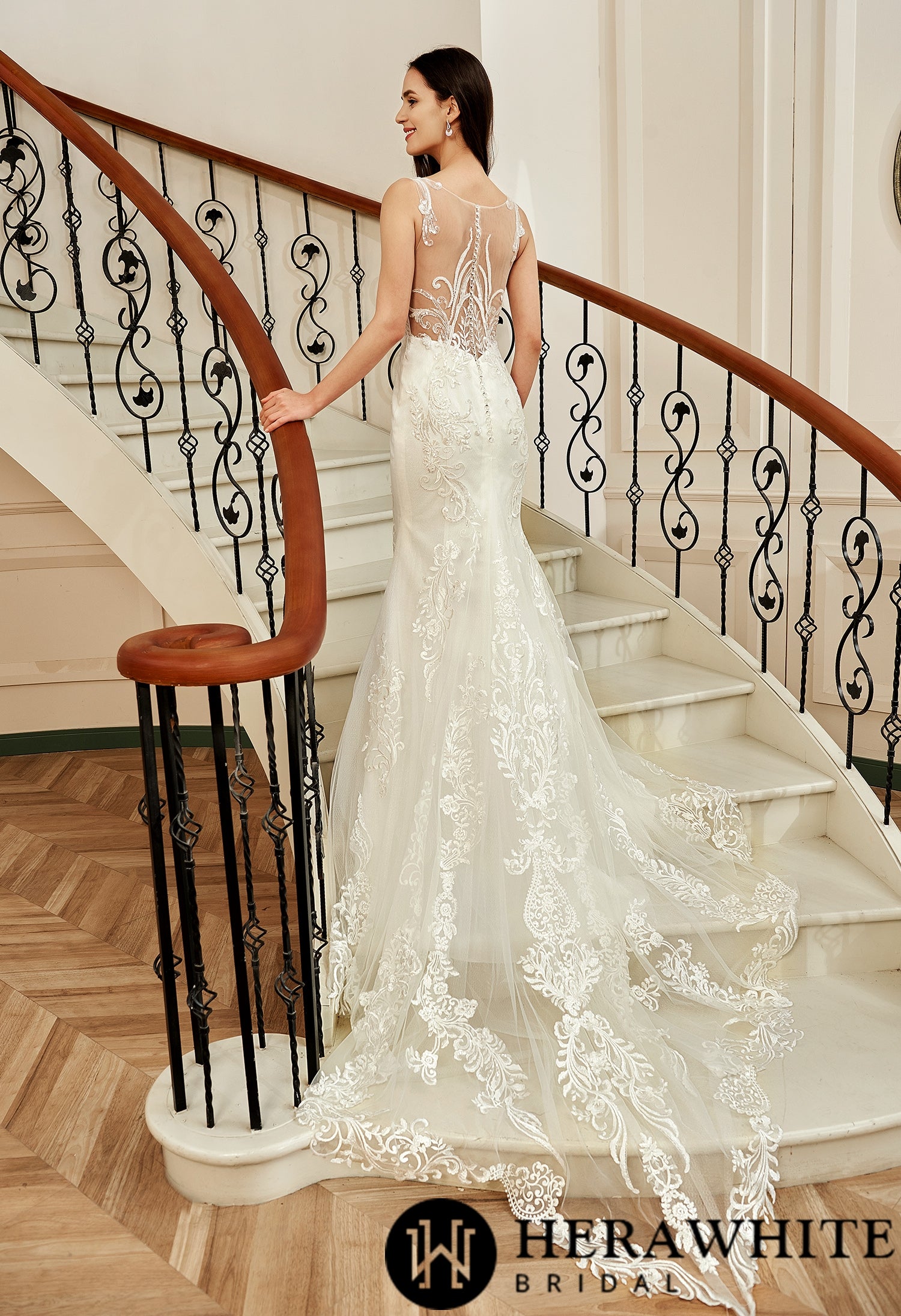 Sequin Beaded Illusion Back Wedding Dress With Long Lace Tulle Trian