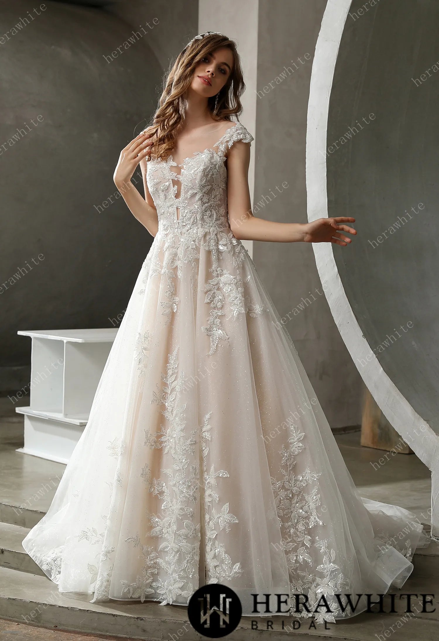 Illusion Neckline Beaded Lace A-line Wedding Dress