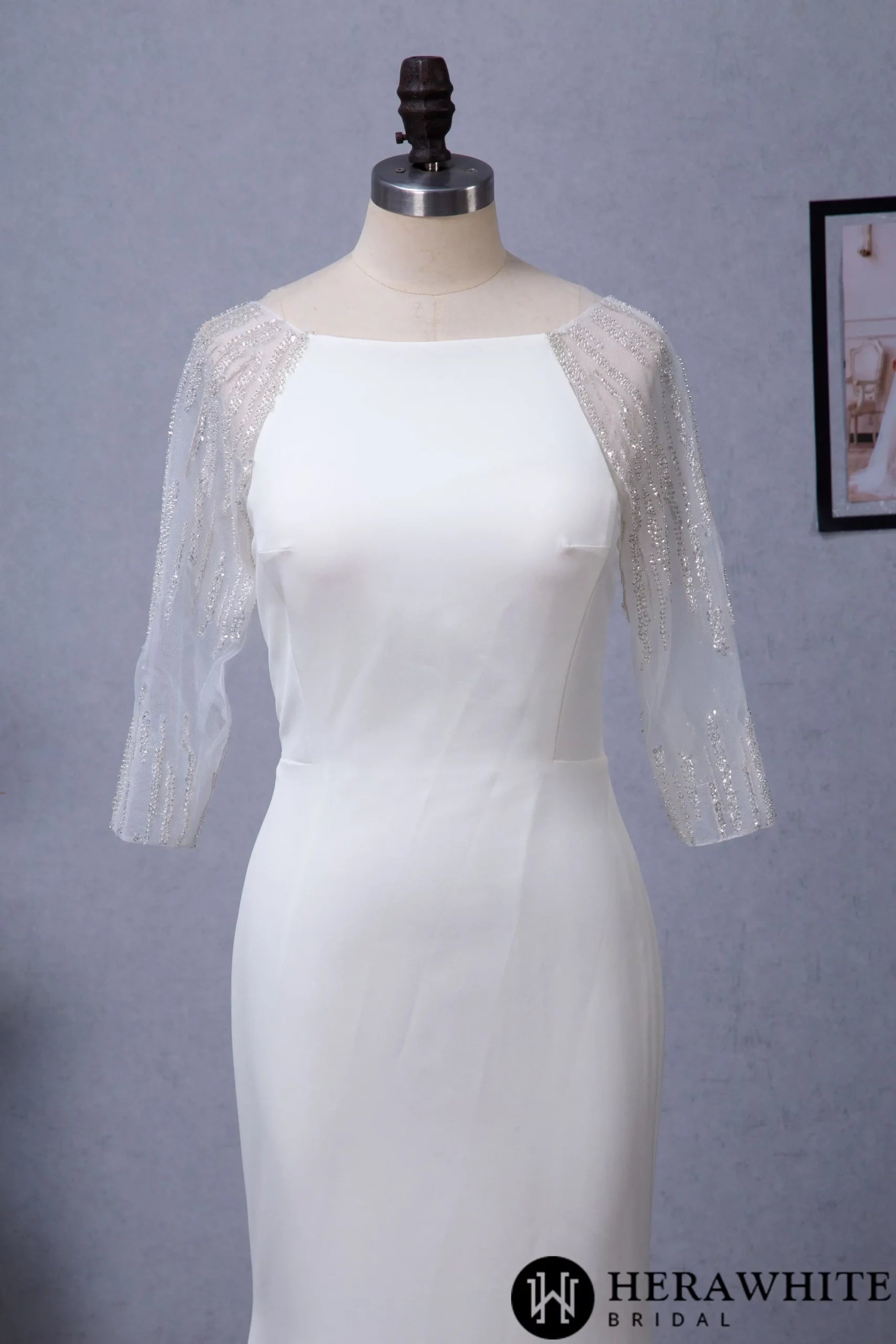 Bateau Neckline Long Train Crepe Bridal Gown With Beaded Illusion Back