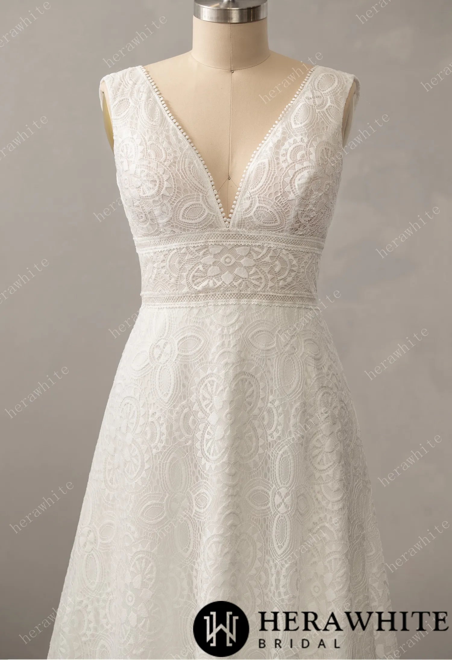 Boho Allover Lace A-Line Wedding Dress with V-Neckline