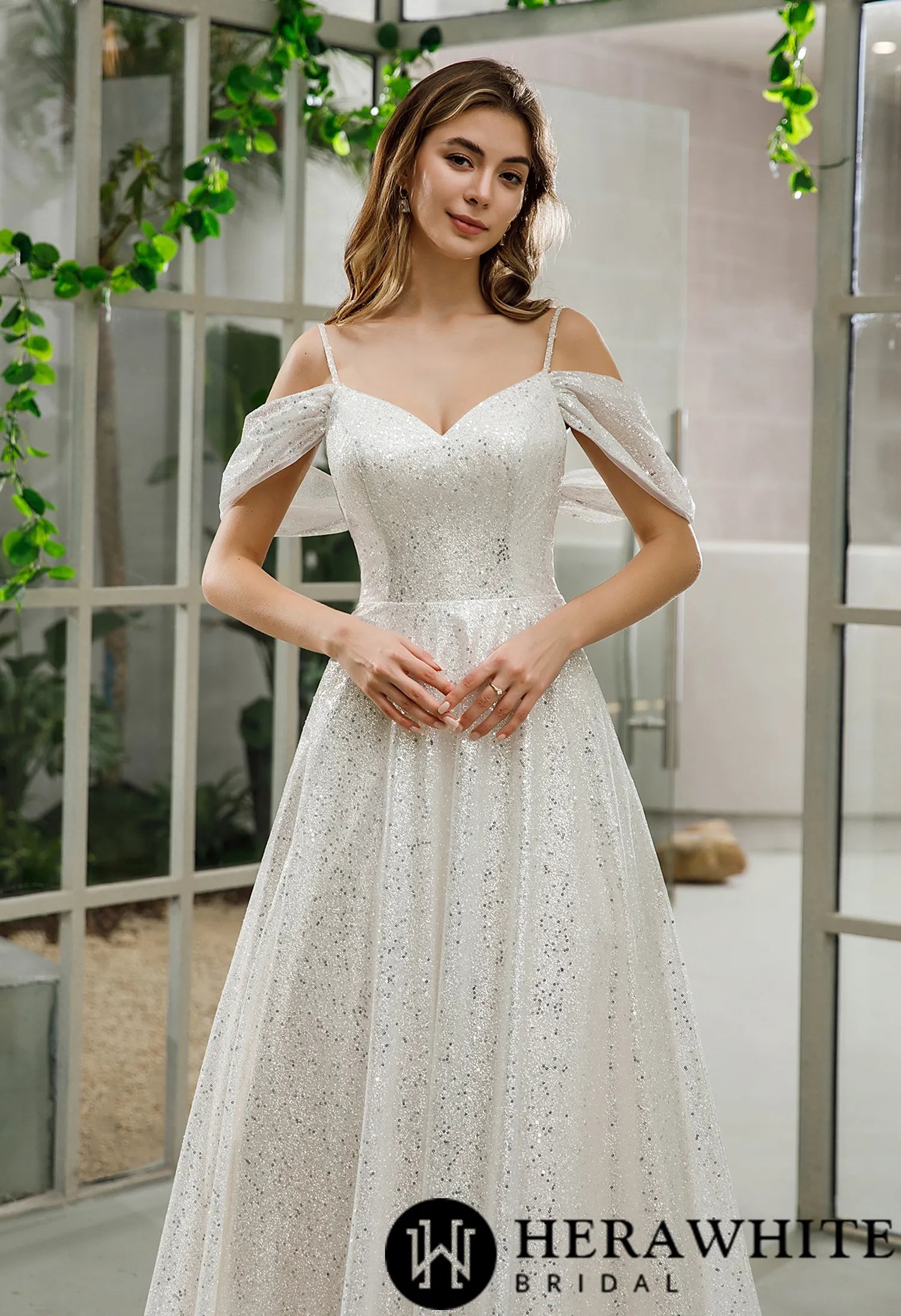 Shimmery Sequined Off-the-shoulder A-line Bridal Gown