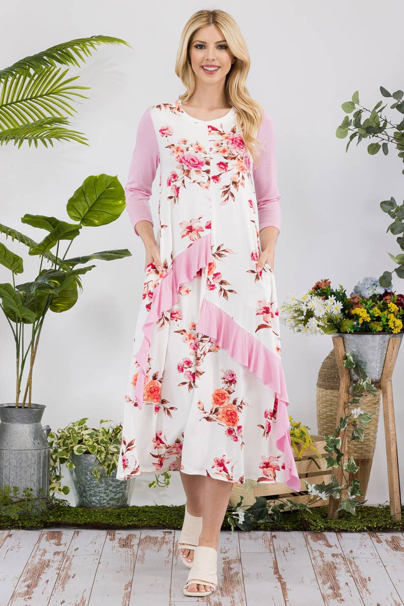 FLORAL CONTRAST MID-DRESS WITH RUFFLE DETAILS -CD43841C