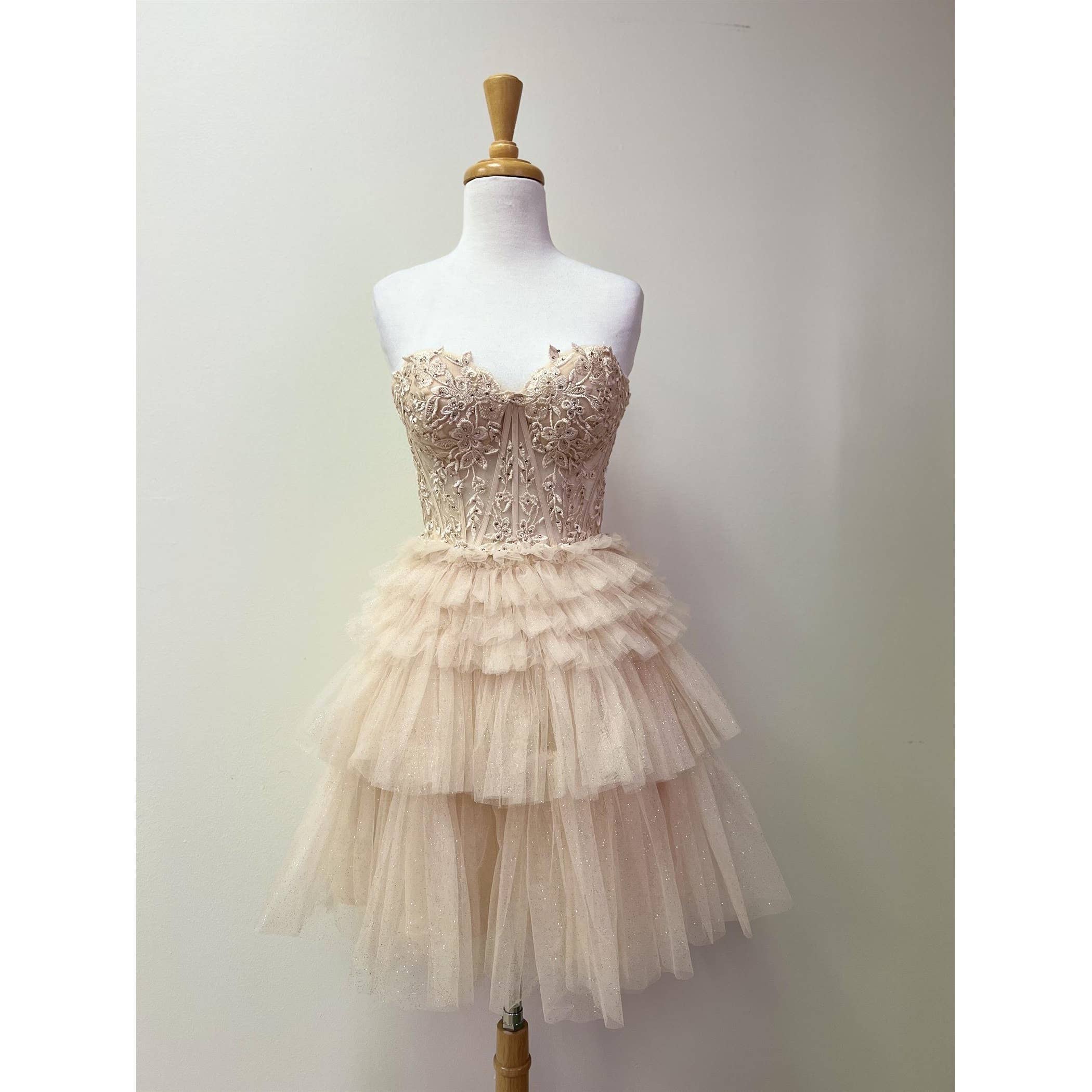 STRAPLESS COCKTAIL GOWN WITH LEAF LACE CORSET BODICE AND RUF