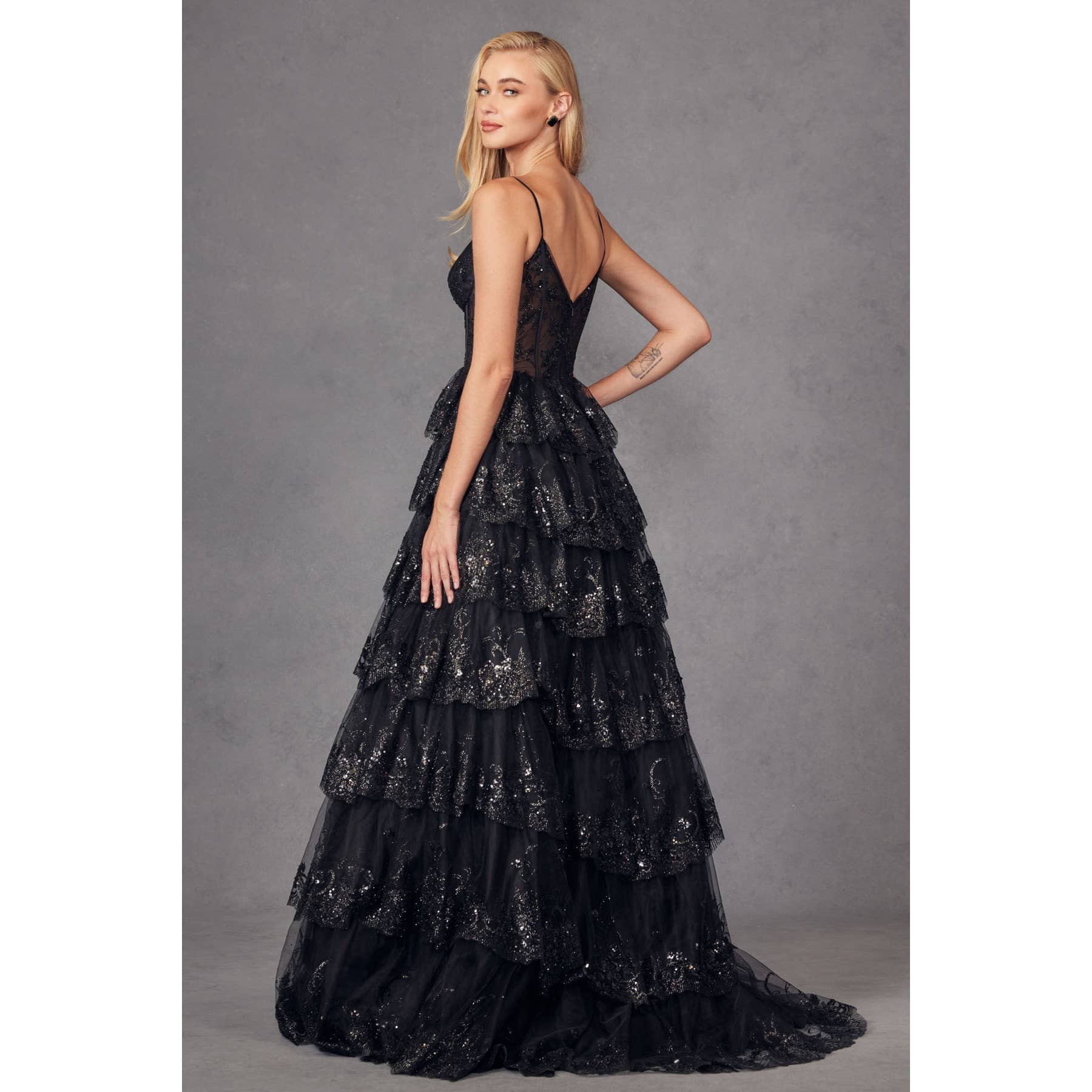 RUFFLE TULLE LACE SEQUIN BALL GOWN WITH SHEER CORSET BODICE