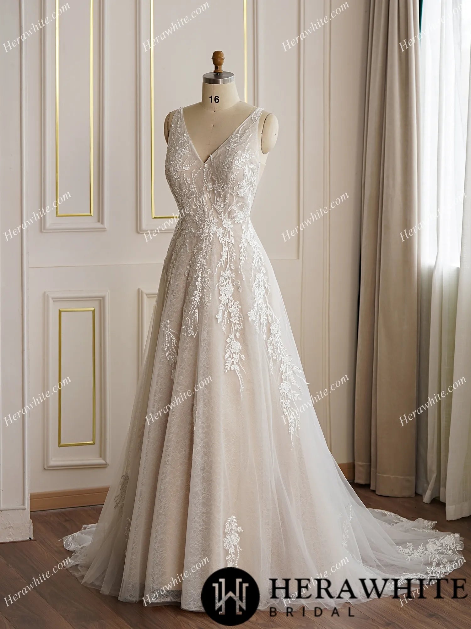V-neckline Floral Lace A-line Wedding Dress