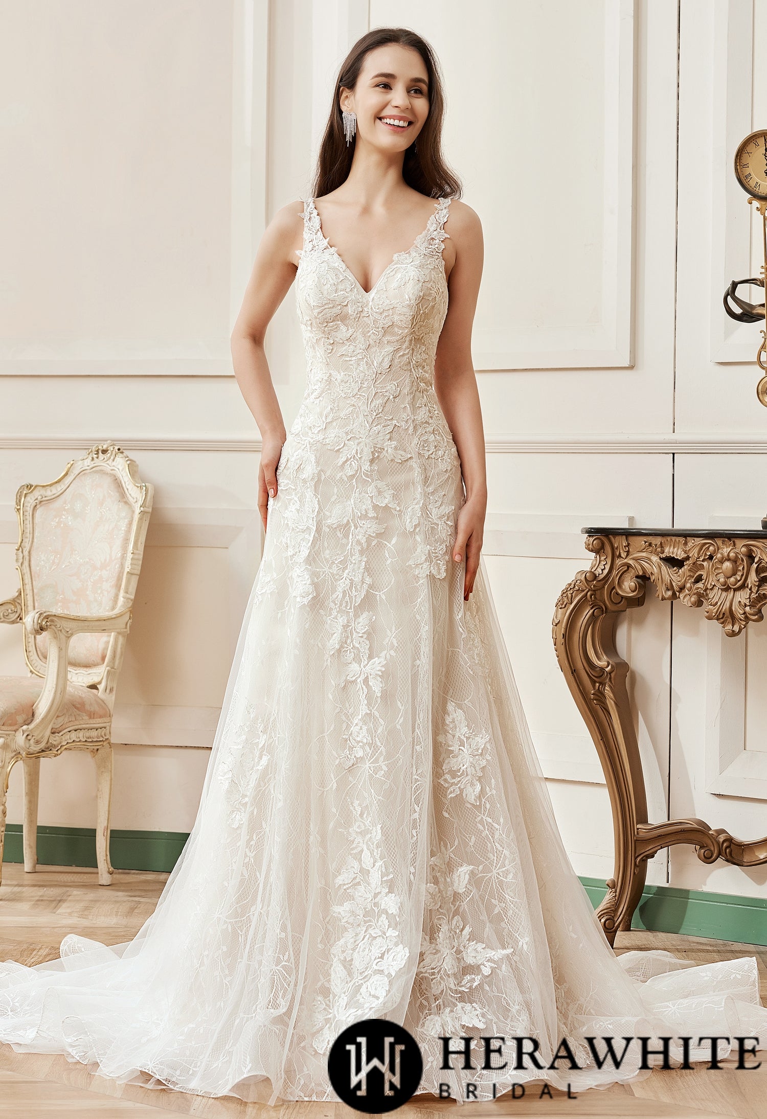Romantic A-Line V-neck Floral Applique Court Train Bridal Gown