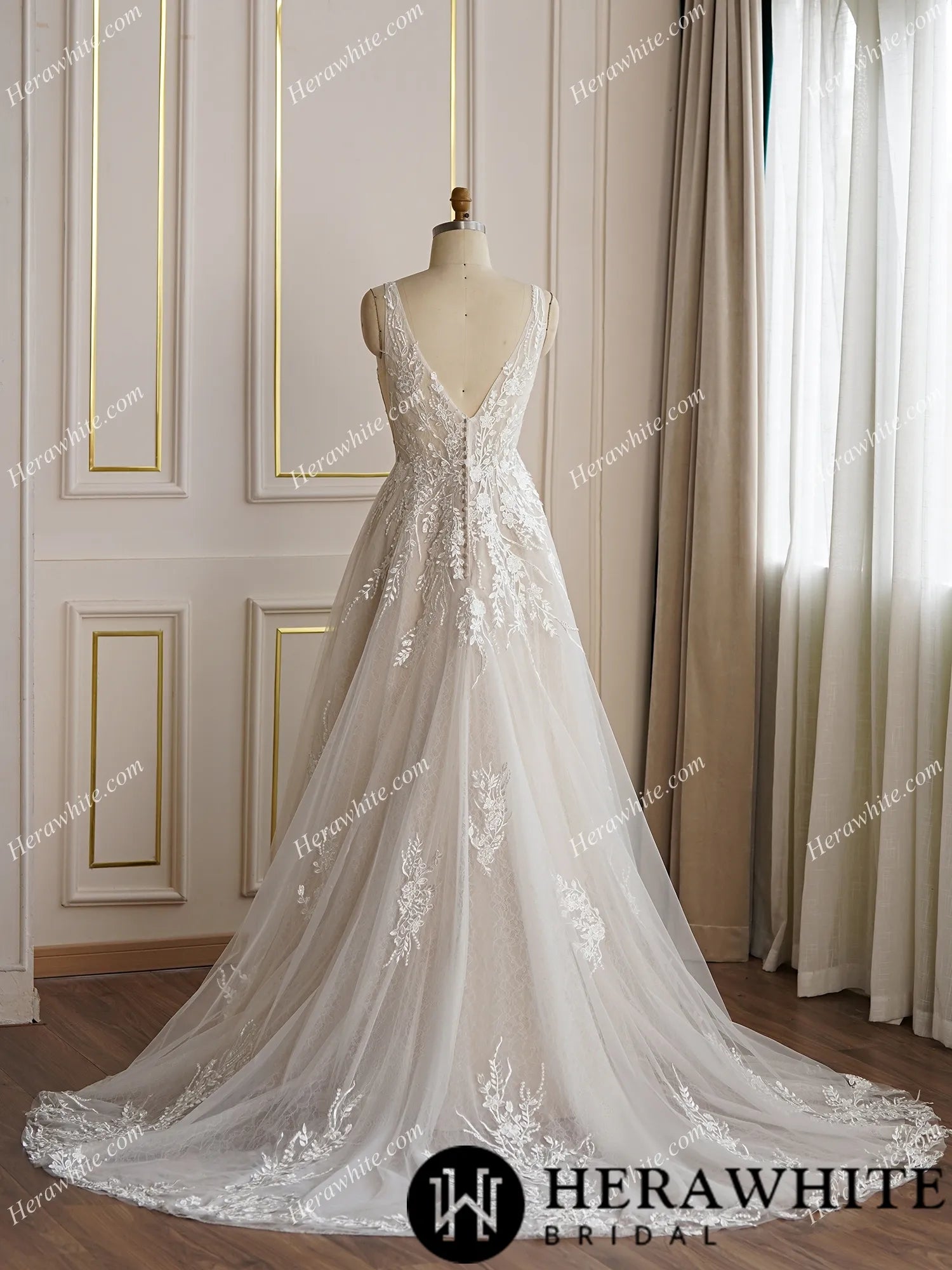 V-neckline Floral Lace A-line Wedding Dress