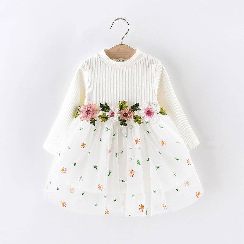 Baby Ribbed Long-sleeve Splicing Floral Embroider Dress
