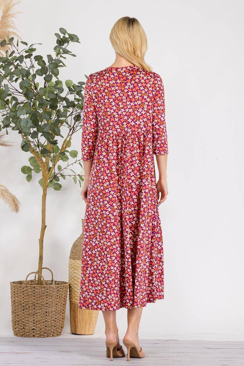 MAGENTA FLORAL TIERED MIDI-DRESS MISSY & PLUS SIZE -CD43848E
