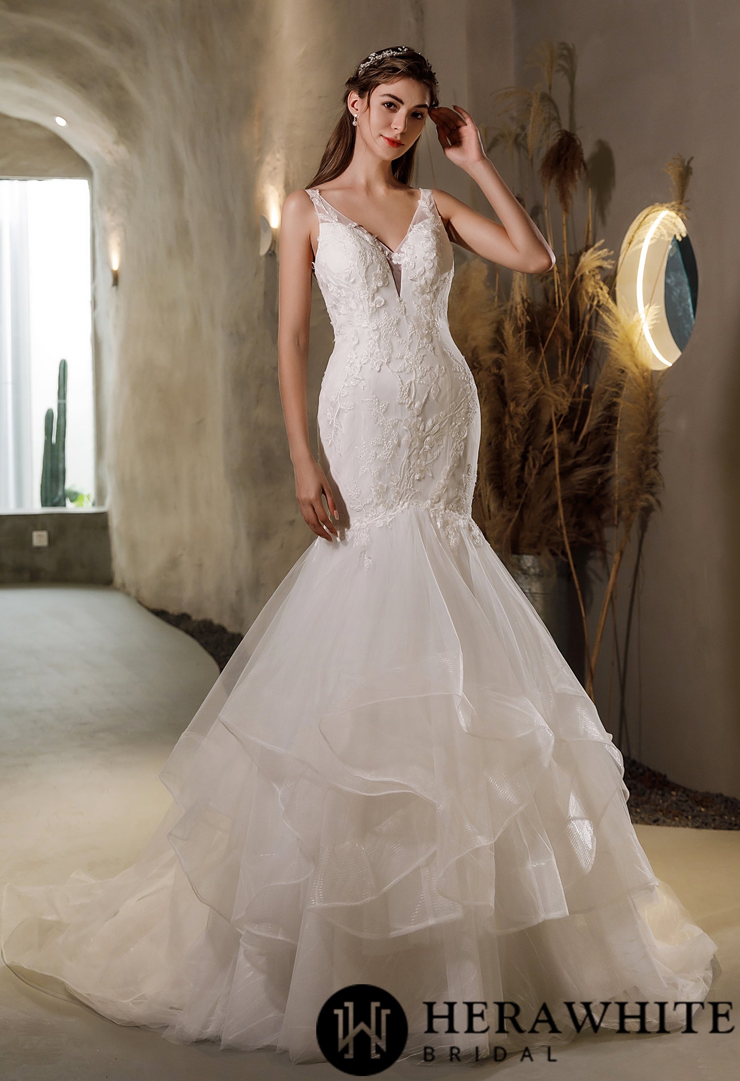 Beaded Lace Tulle Ruffled Mermaid Wedding Dress