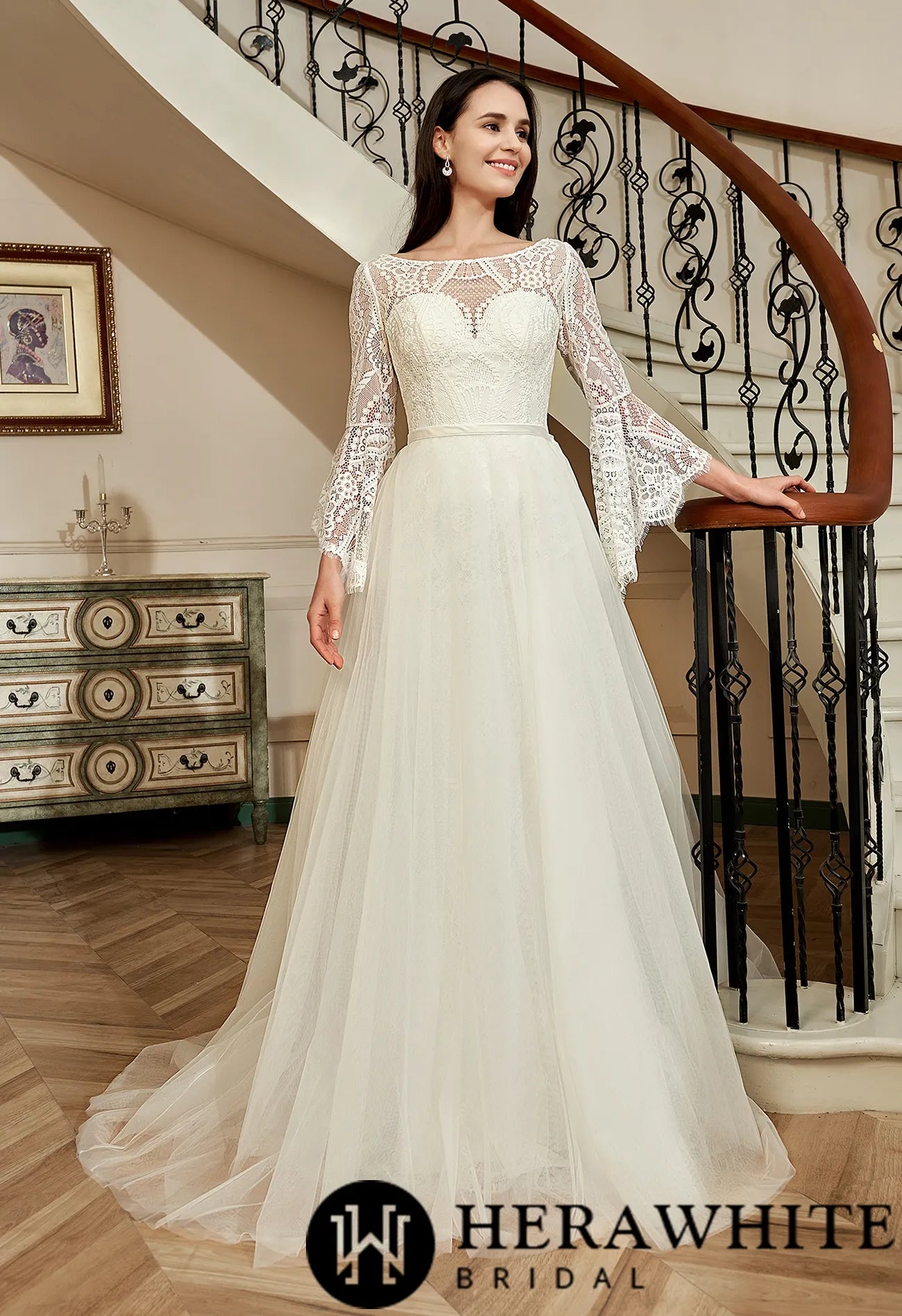 Illusion Neckline Lace Wedding Dress With Removeable Overskirt