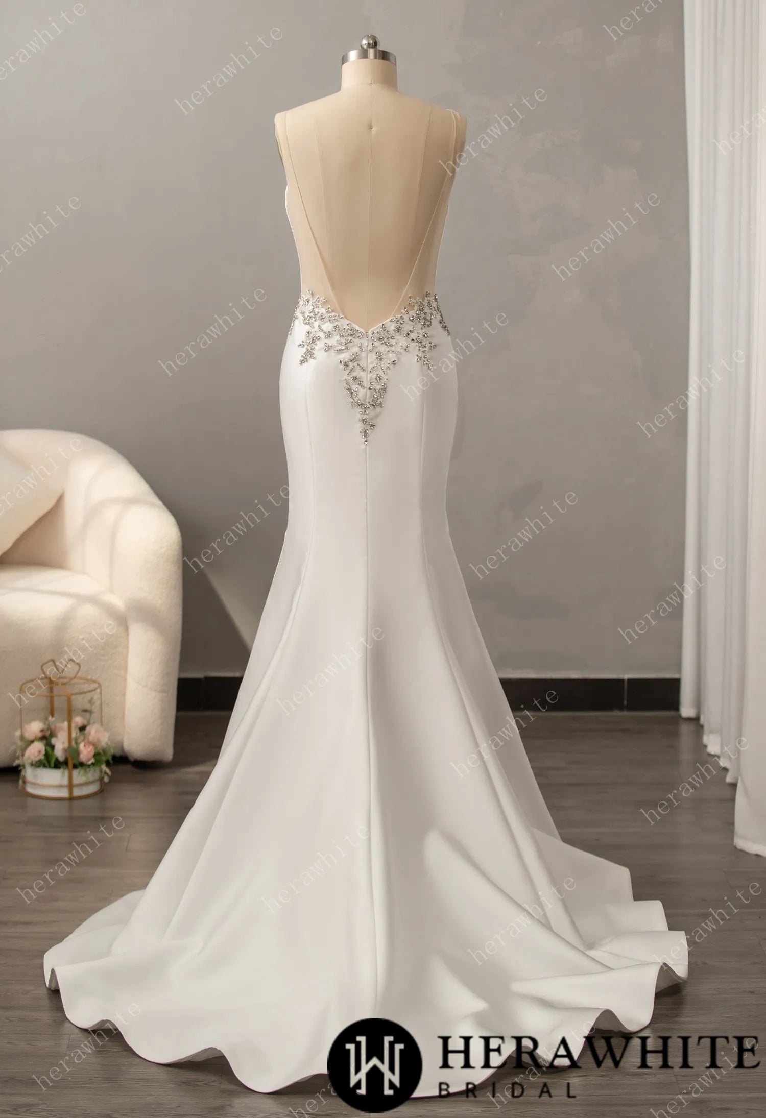 Deep V-neck Sleeveless with Open Back Wedding Dress