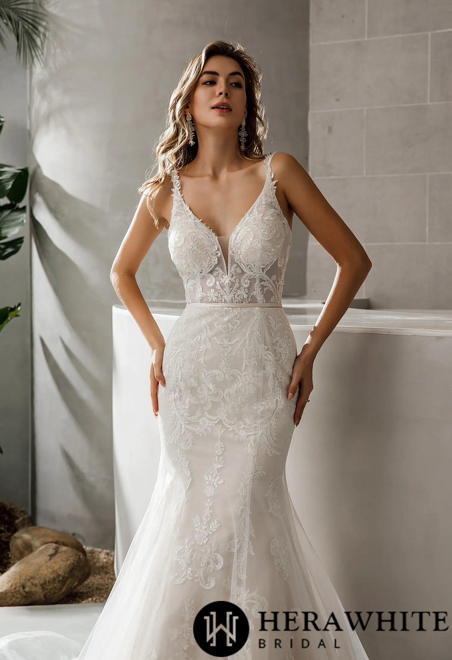 Geometric Lace Fit and Flare Bridal Gown With Sheer Train