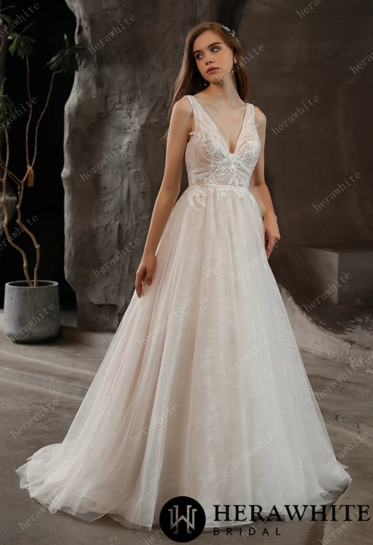 Lovely Lace V-neck wedding dress with Tulle Skirt