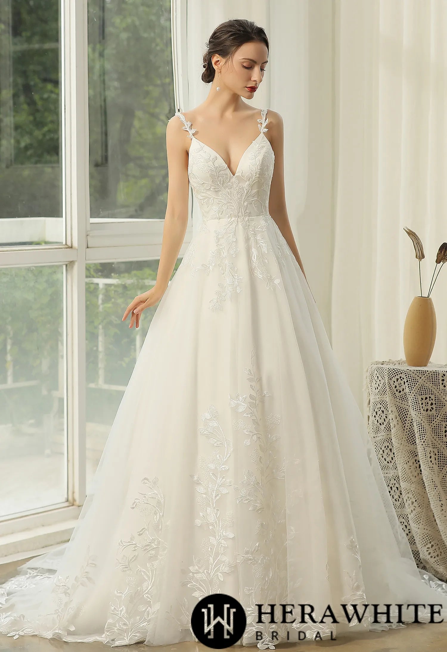 Appliquéd Straps Keyhole Back Bridal Gown