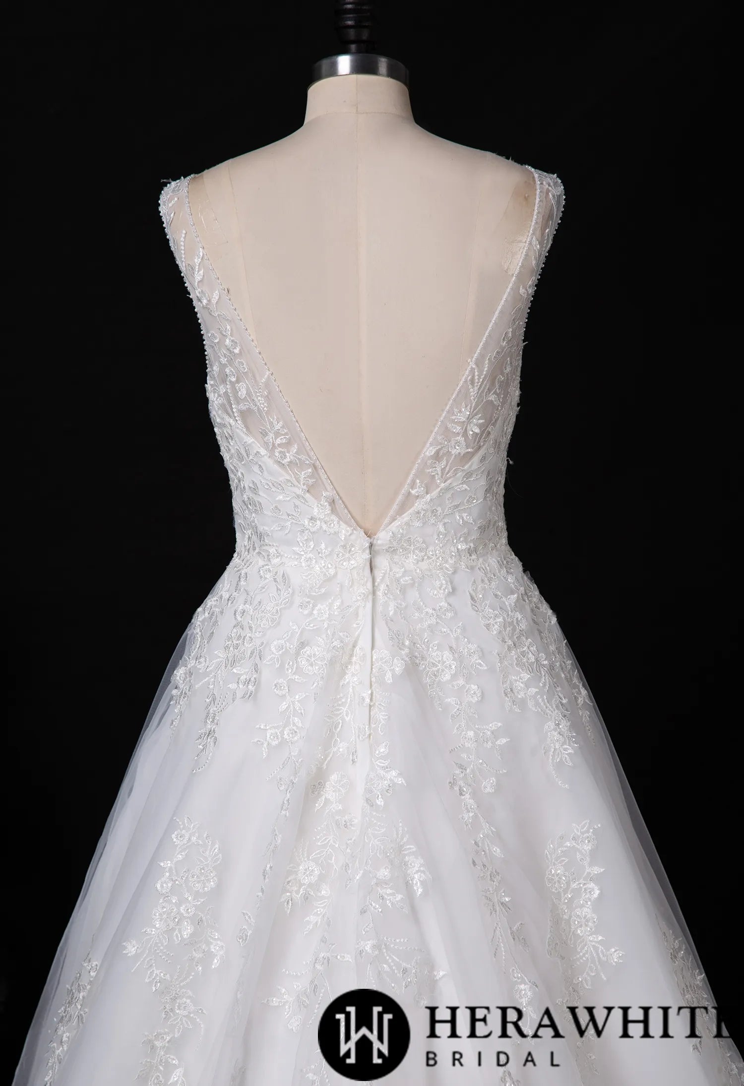 Floral Lace Beaded Wedding Dress With Low Back