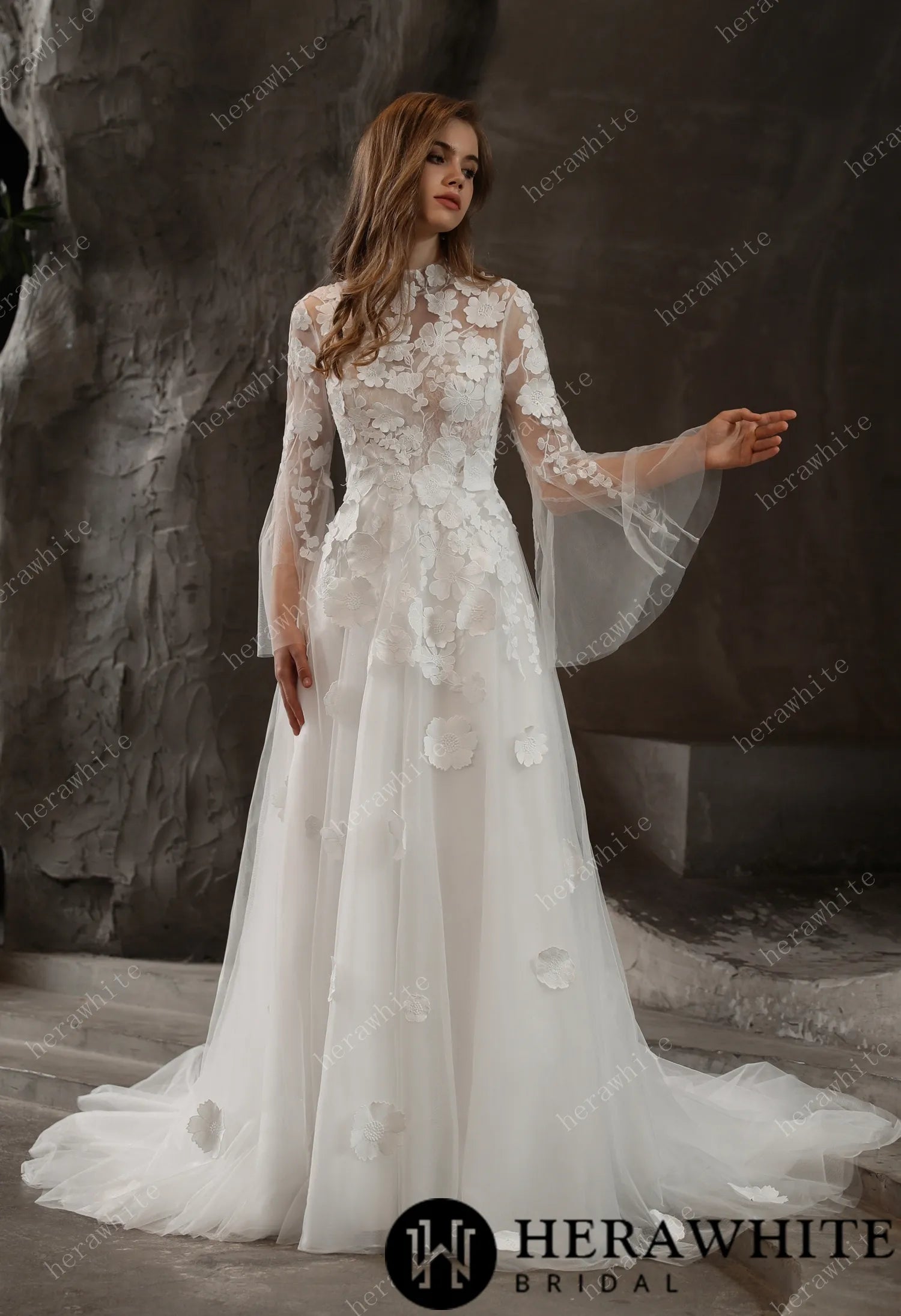 Illusion High Neck Bridal Gown with Lovely 3D Floral Lace