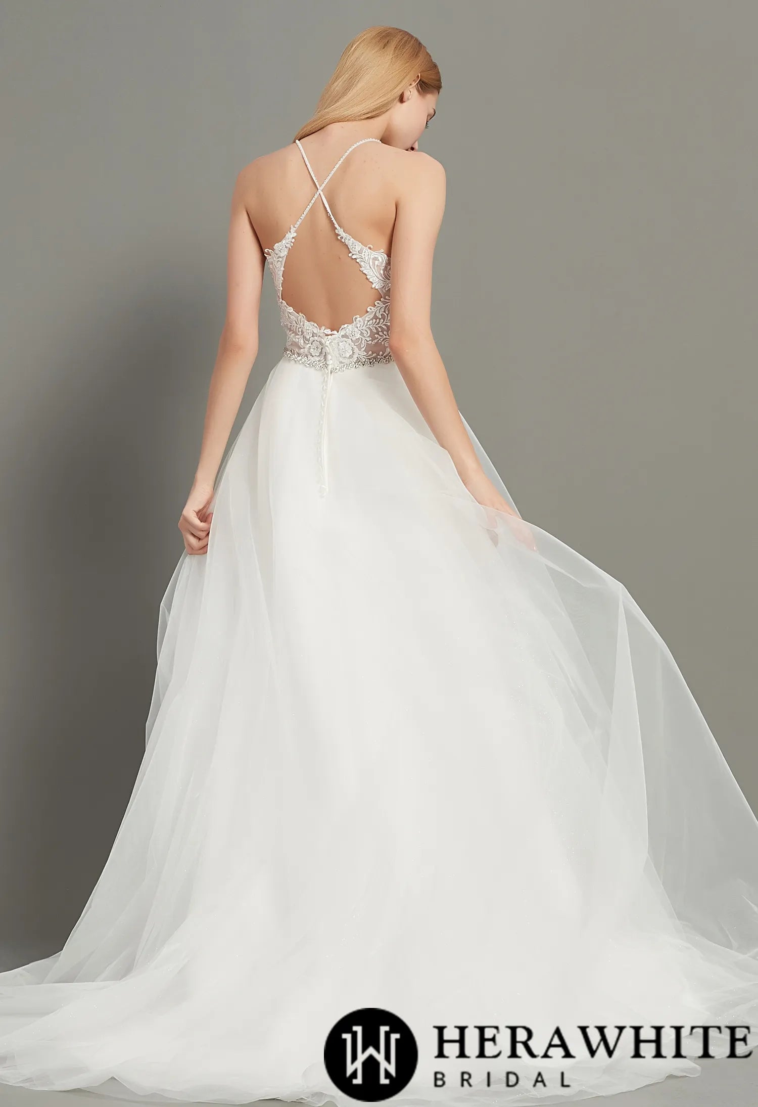 Romantic Open Back V-Neck Wedding Gown With Beading Belt