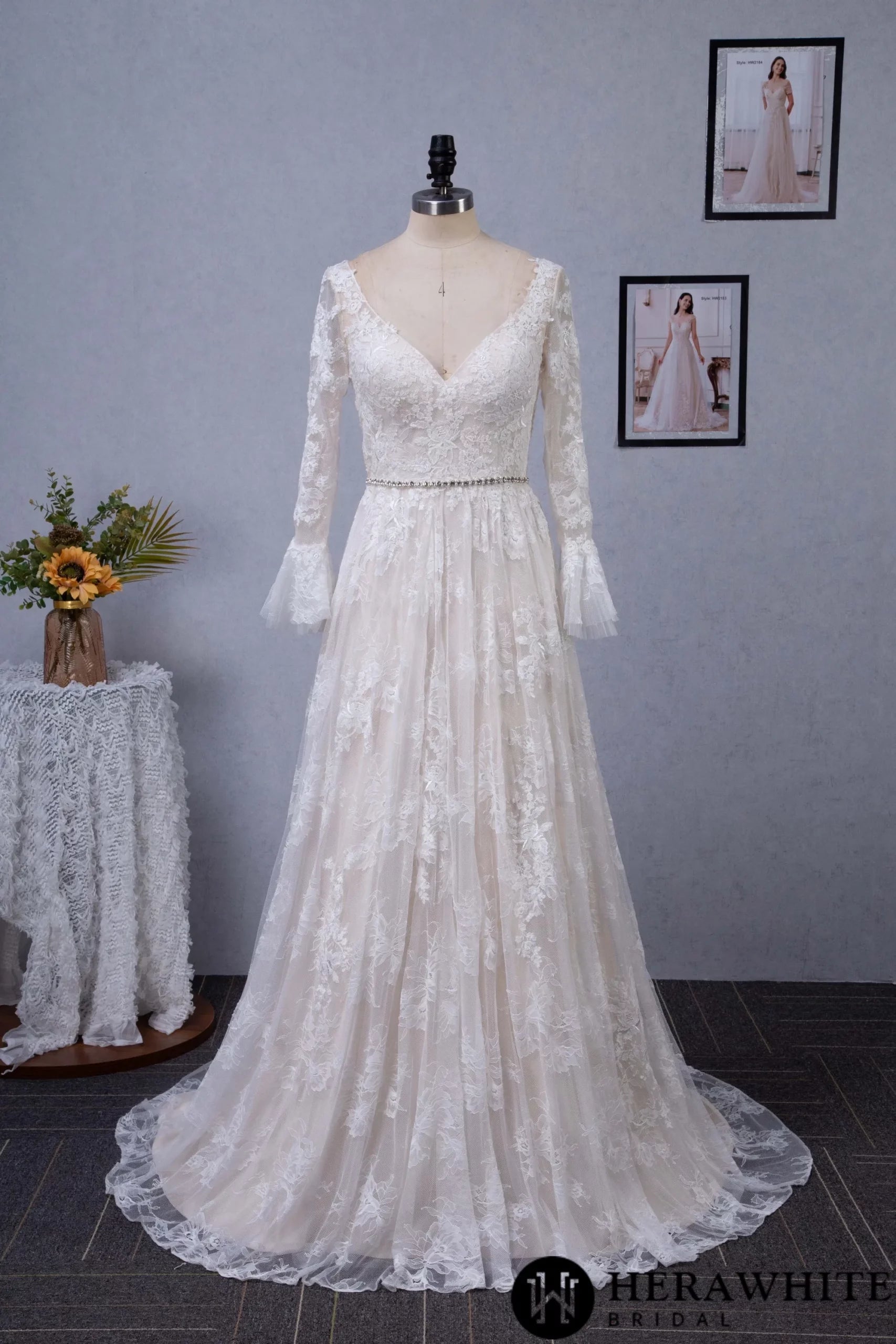 A-Line V-neck Chapel Train Lace Wedding Dress With Flare Long Sleeve