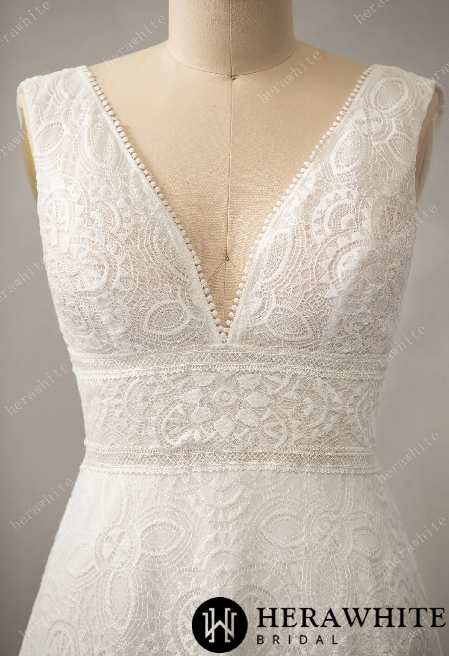 Boho Allover Lace A-Line Wedding Dress with V-Neckline