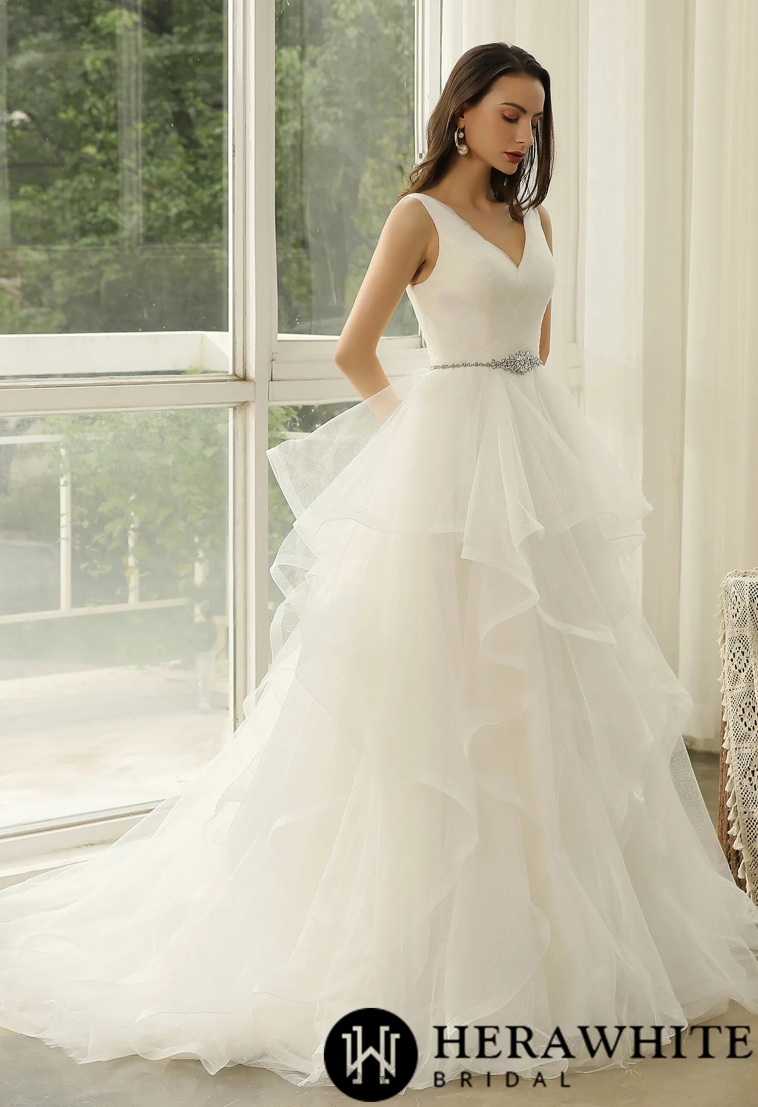 Wedding Dress In Ruffed Glitter Tulle With Princess Silhouette