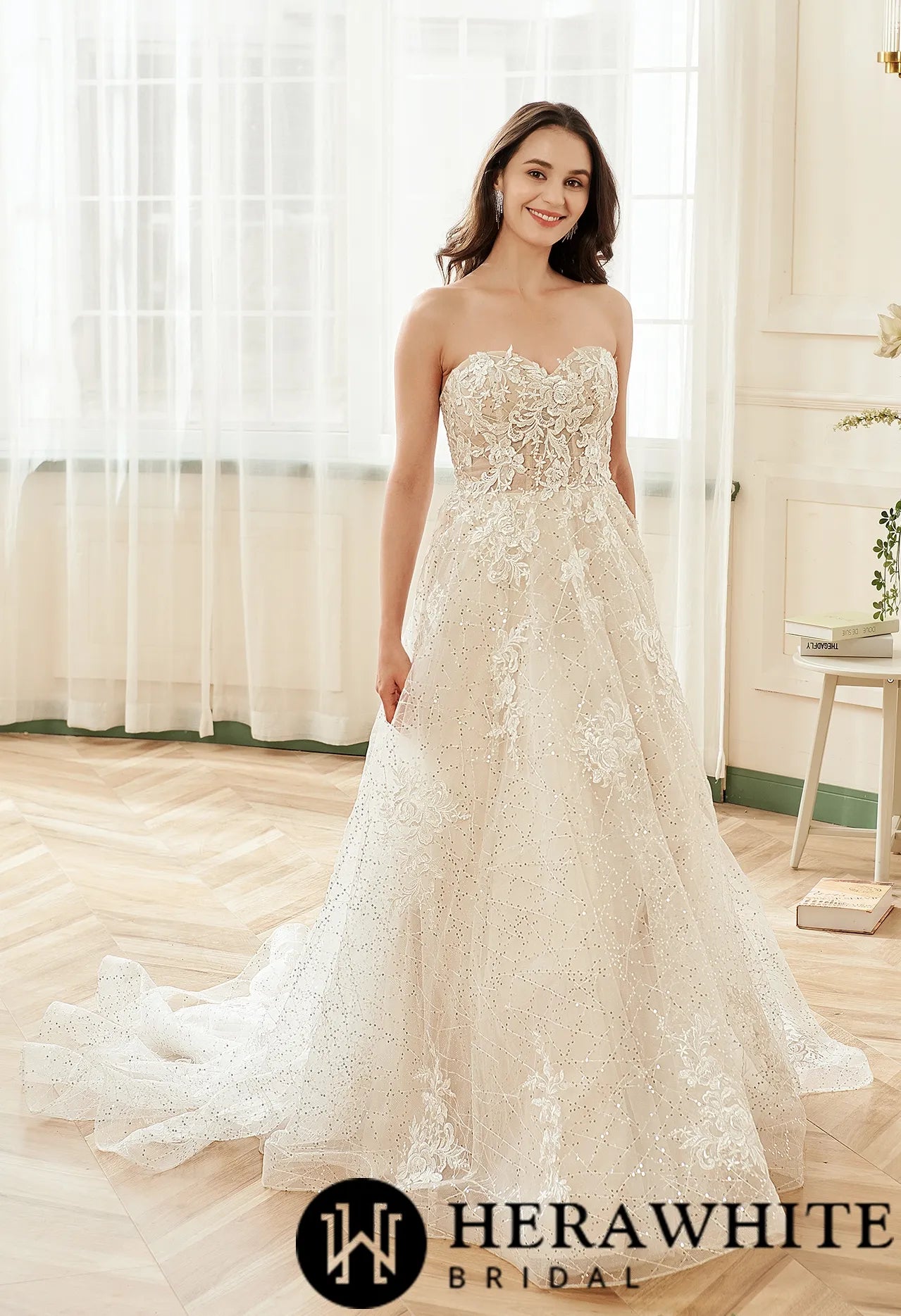 Floral Lace Sweetheart Sequin Tulle Wedding Dress With Detachable Straps