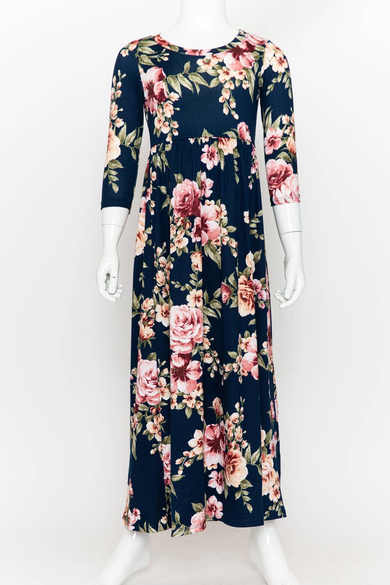 Girls Fit and Flare Floral Maxi Dress: FLORAL ORANGE / L