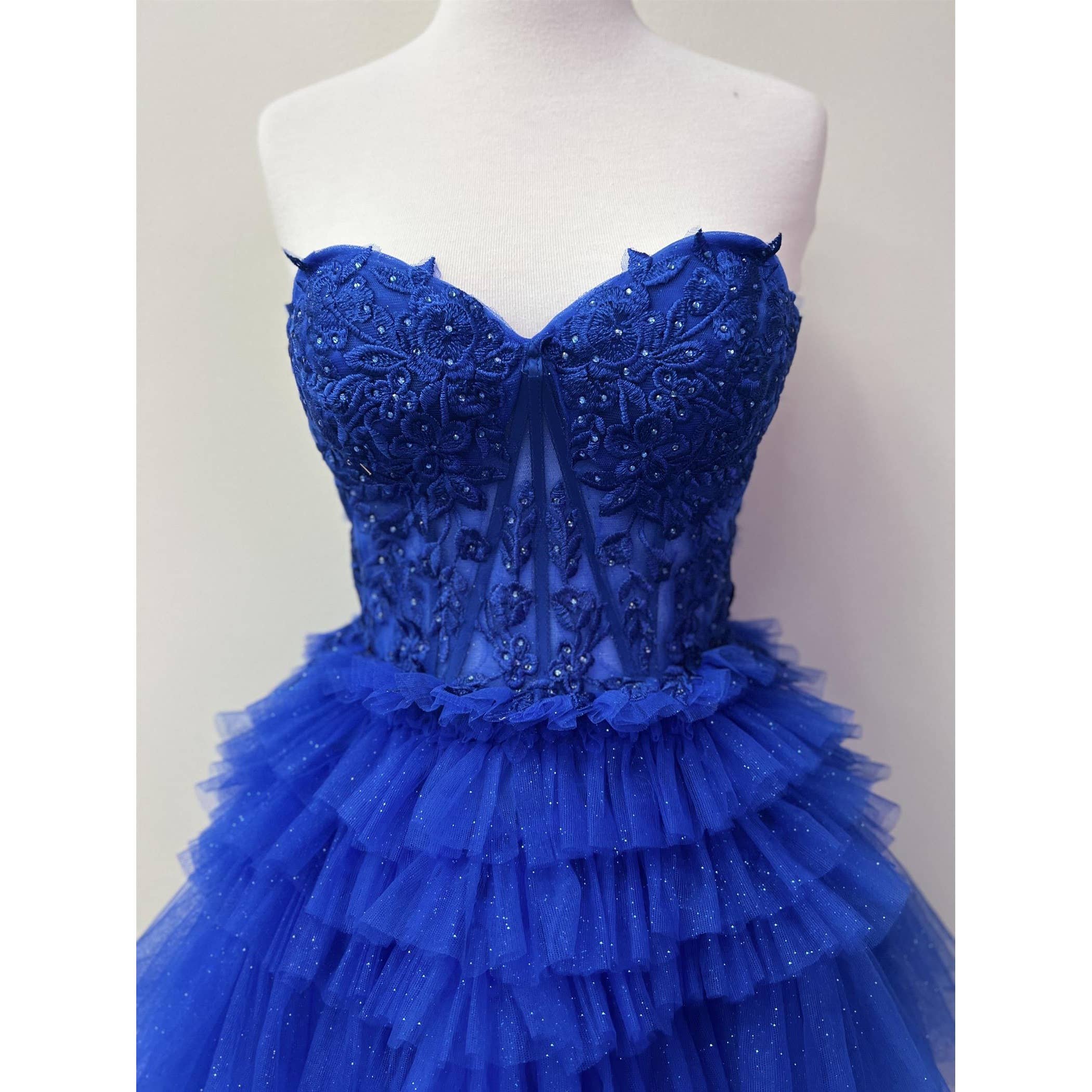 STRAPLESS COCKTAIL GOWN WITH LEAF LACE CORSET BODICE AND RUF