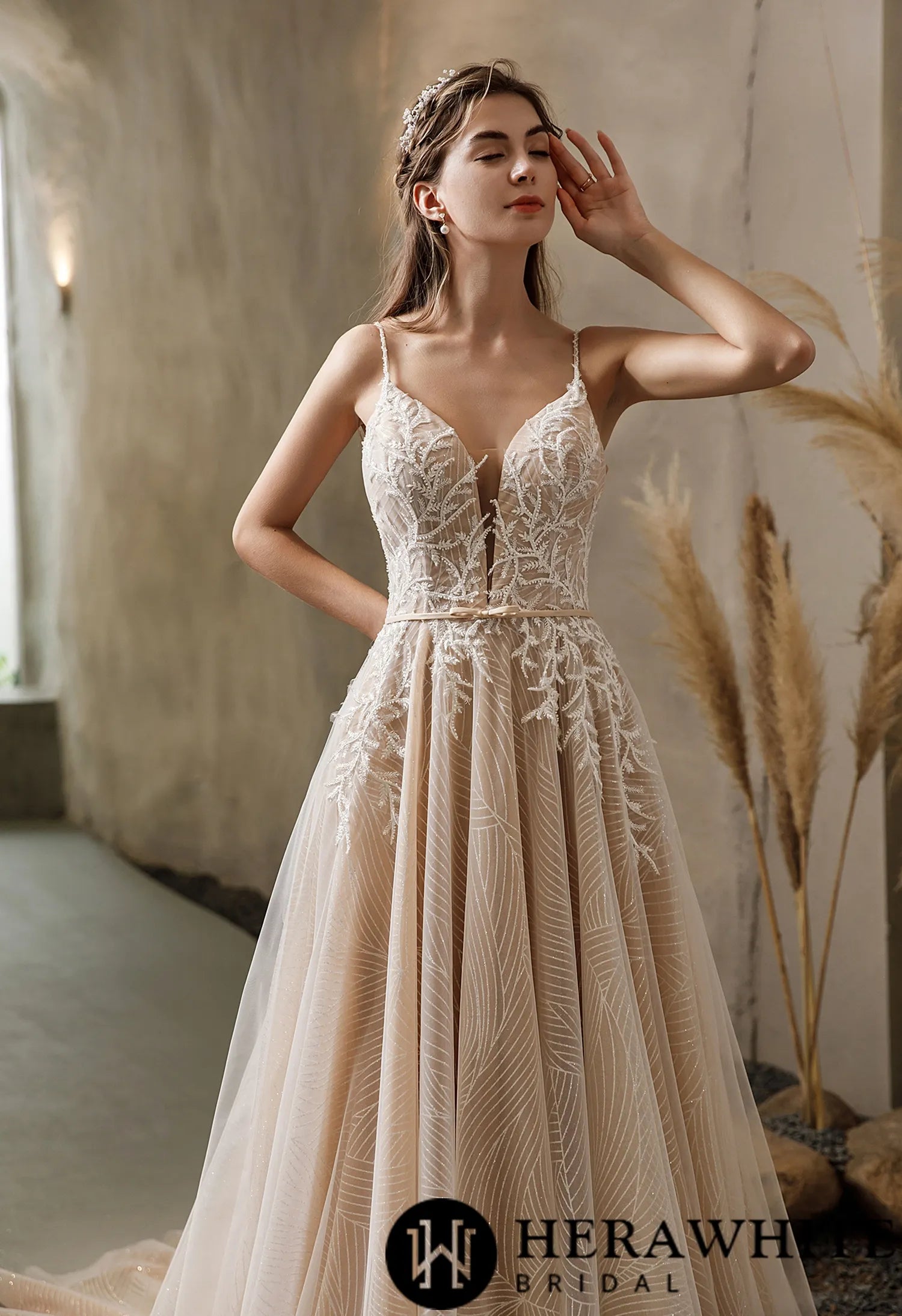 Shimmery Sequined Lace A-line Wedding Dress With Long Train