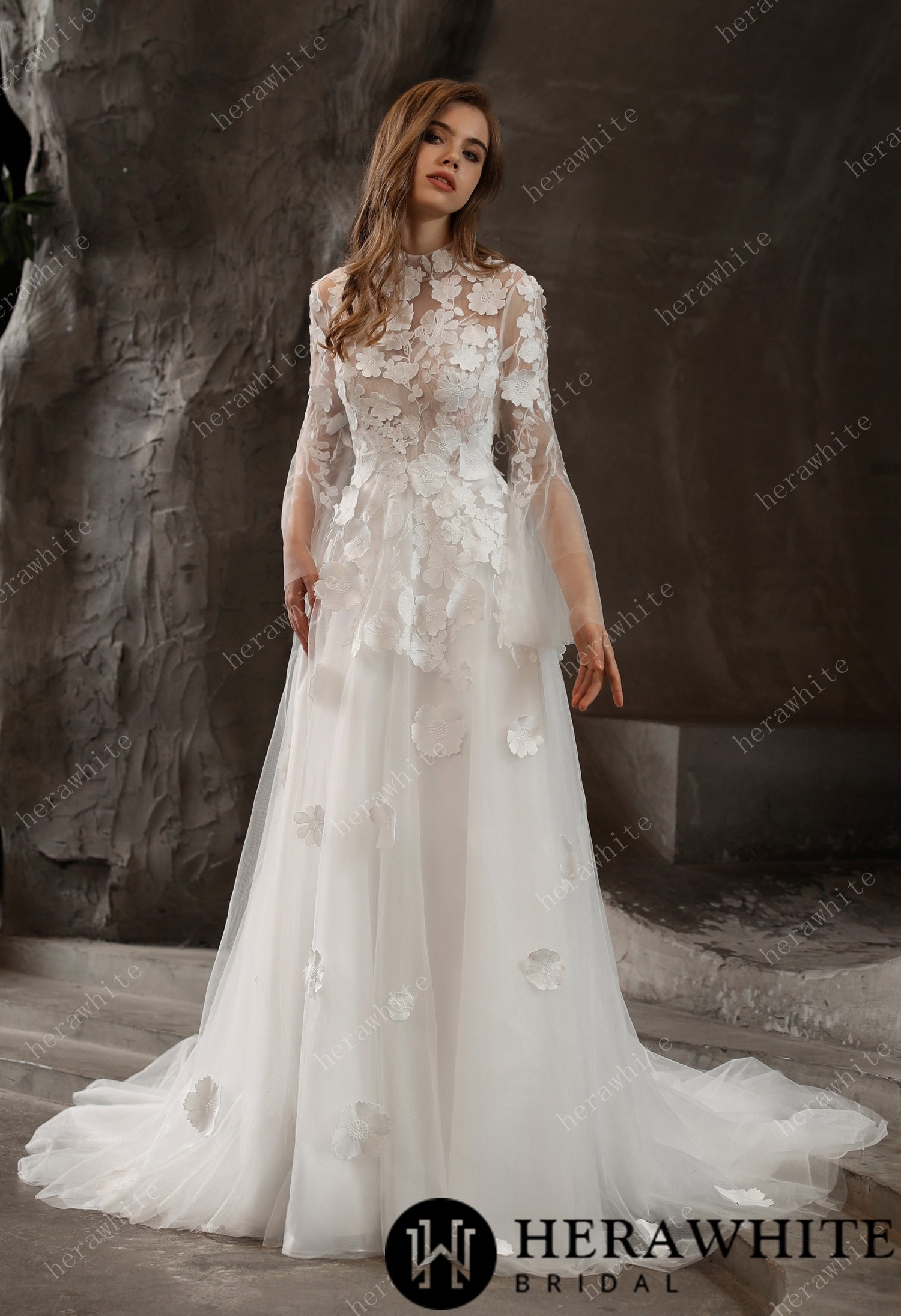 Illusion High Neck Bridal Gown with Lovely 3D Floral Lace