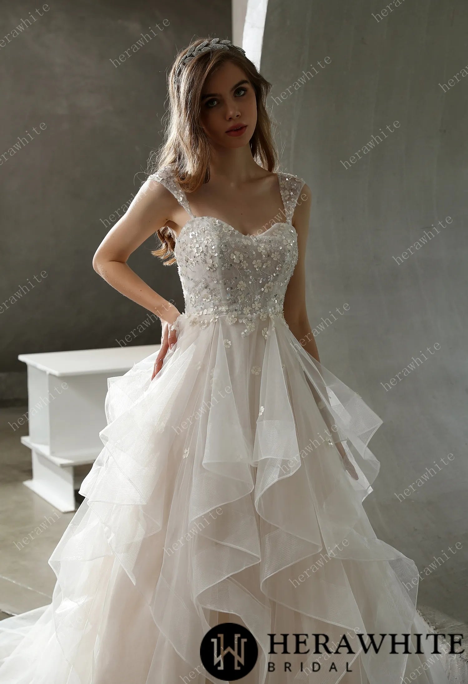 Beaded Tulle Ruffled Ball Gown with Dreamy Details