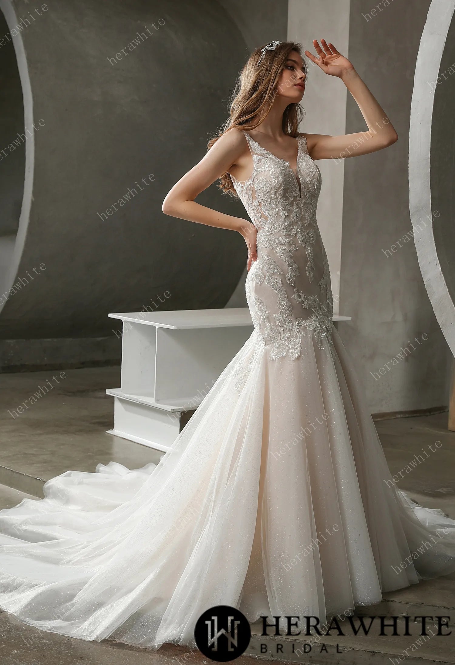 Plunging V-neck Mermaid Wedding Dress with Illusion Square Back