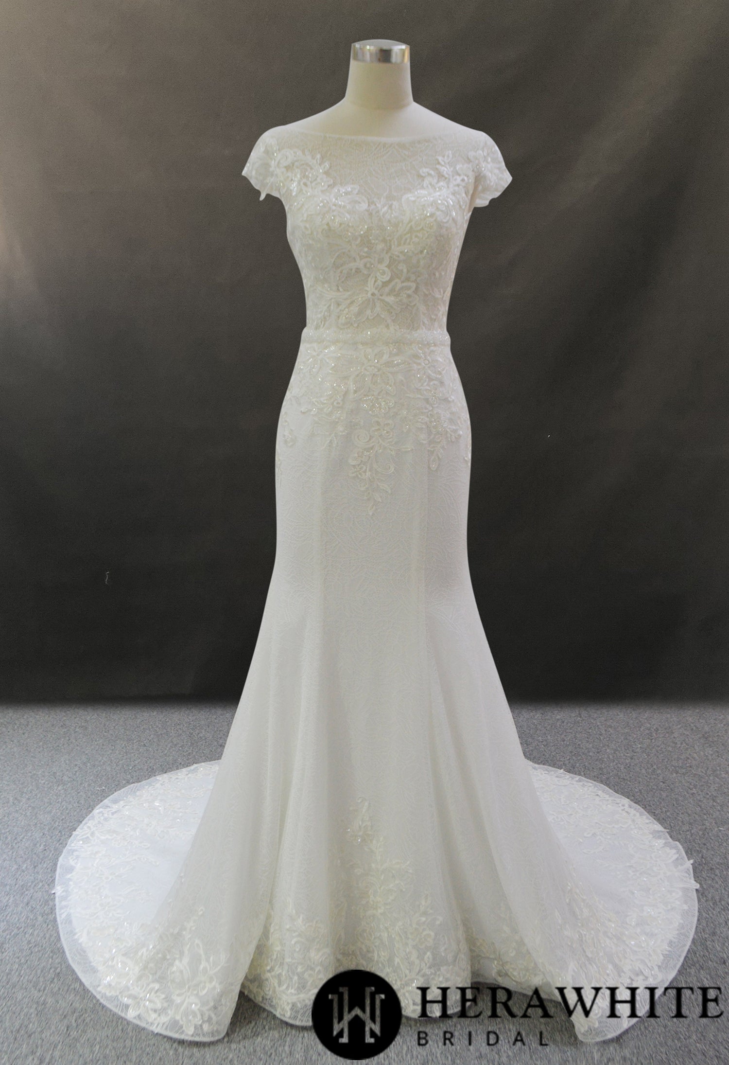 Glamour Lace Fit and Flare Wedding Dress With Cap Sleeve