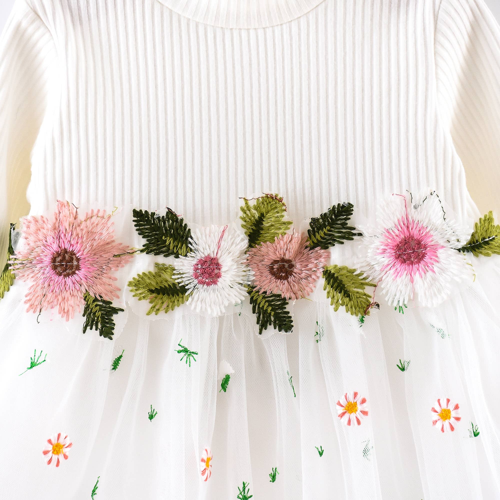 Baby Ribbed Long-sleeve Splicing Floral Embroider Dress