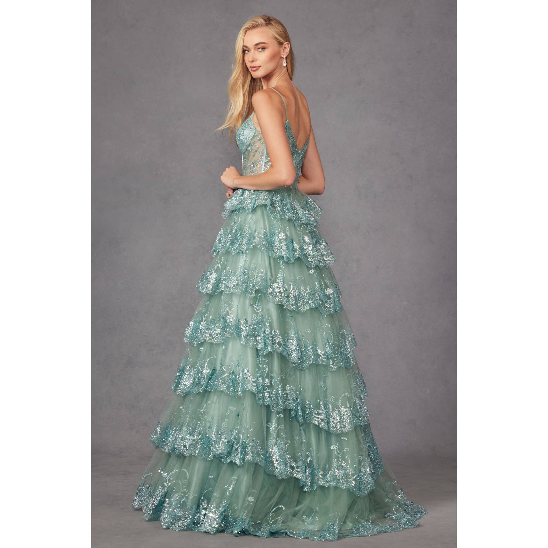 RUFFLE TULLE LACE SEQUIN BALL GOWN WITH SHEER CORSET BODICE
