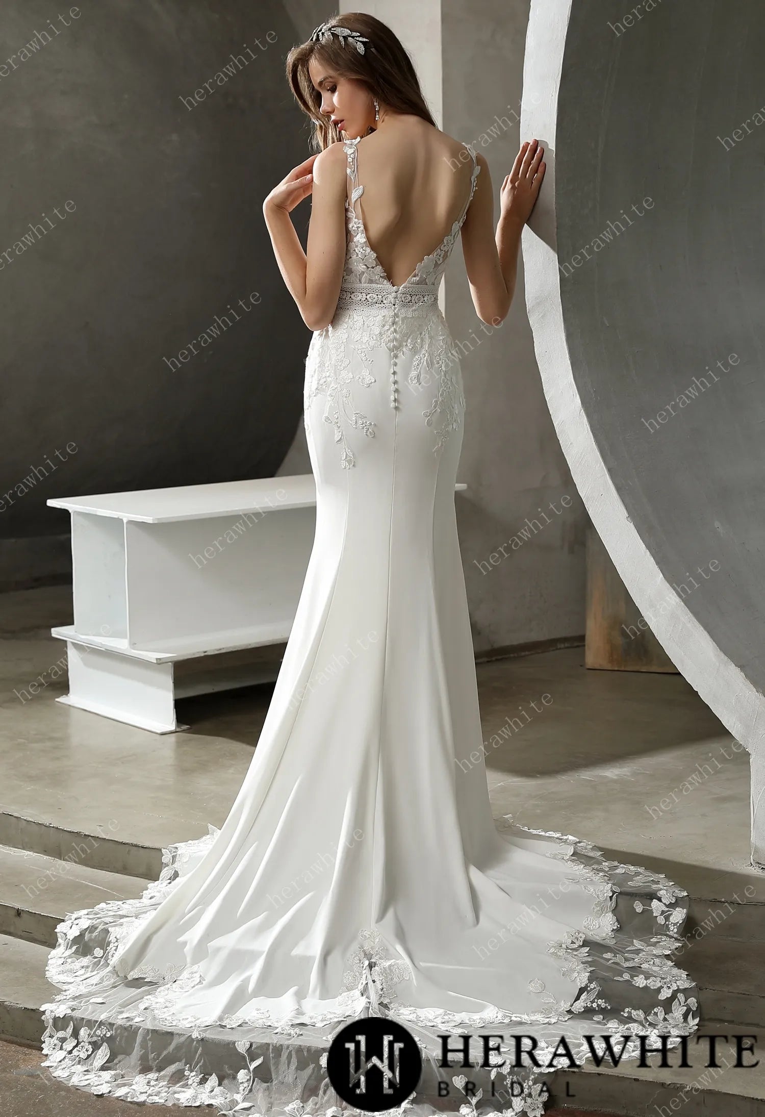 Crepe and Lace Fit and Flare Dress with Illusion Scalloped Train