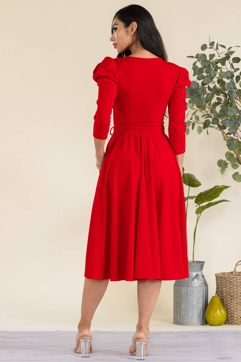 HH698R-LS-S- Puff 3/4 Sleeve Midi Cocktail Dress