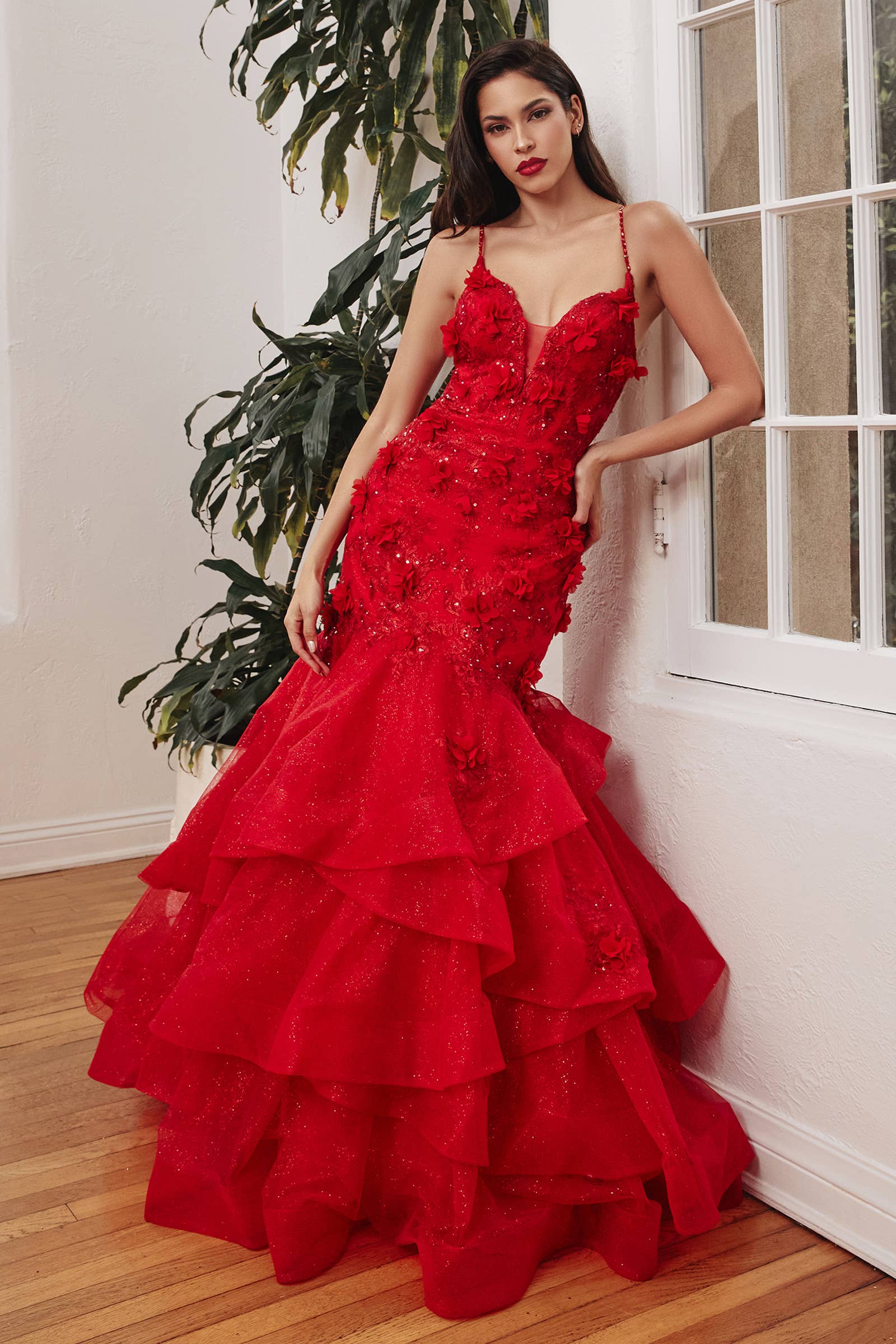 RED MERMAID TIERED FLORAL GOWN