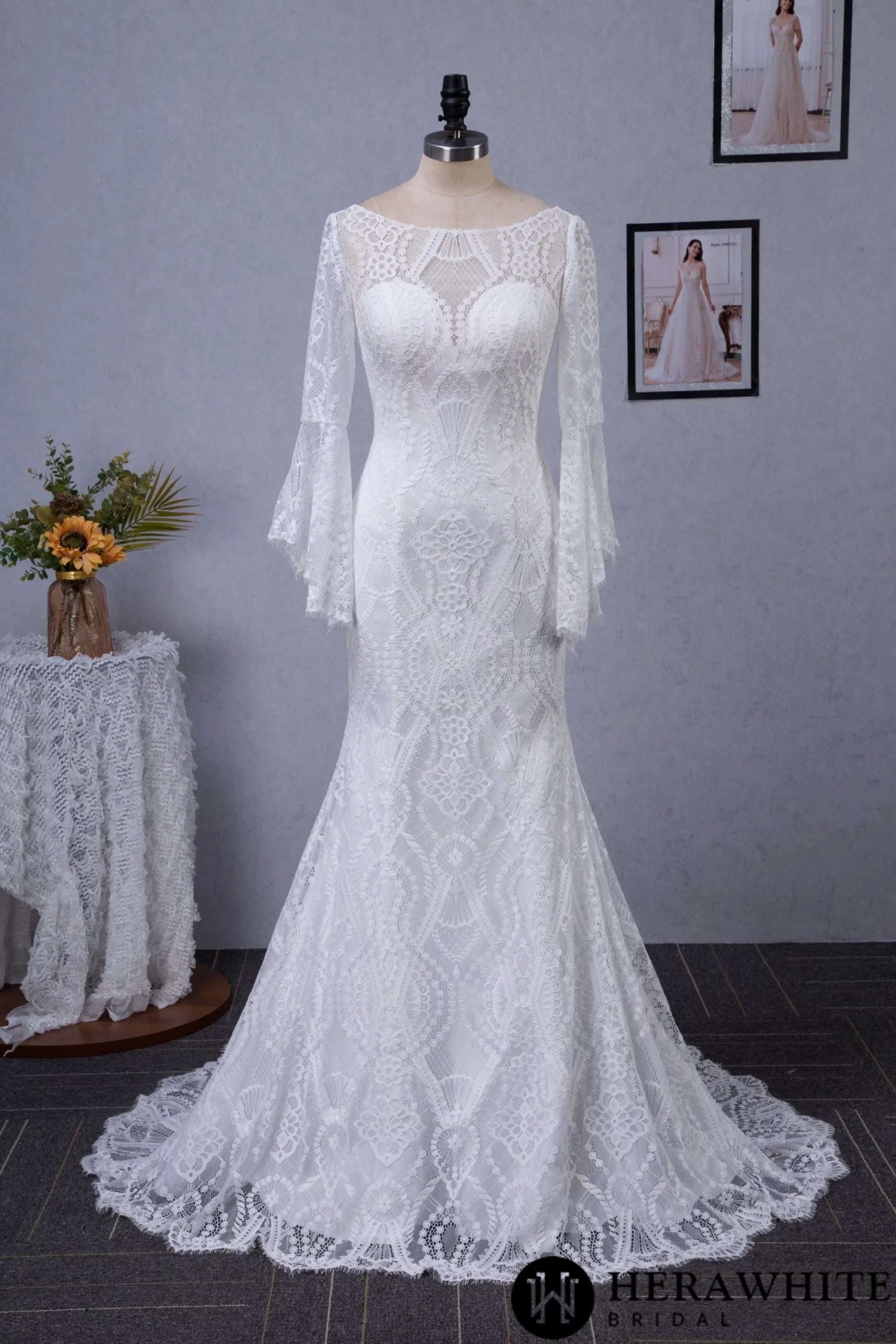Illusion Neckline Lace Wedding Dress With Removeable Overskirt