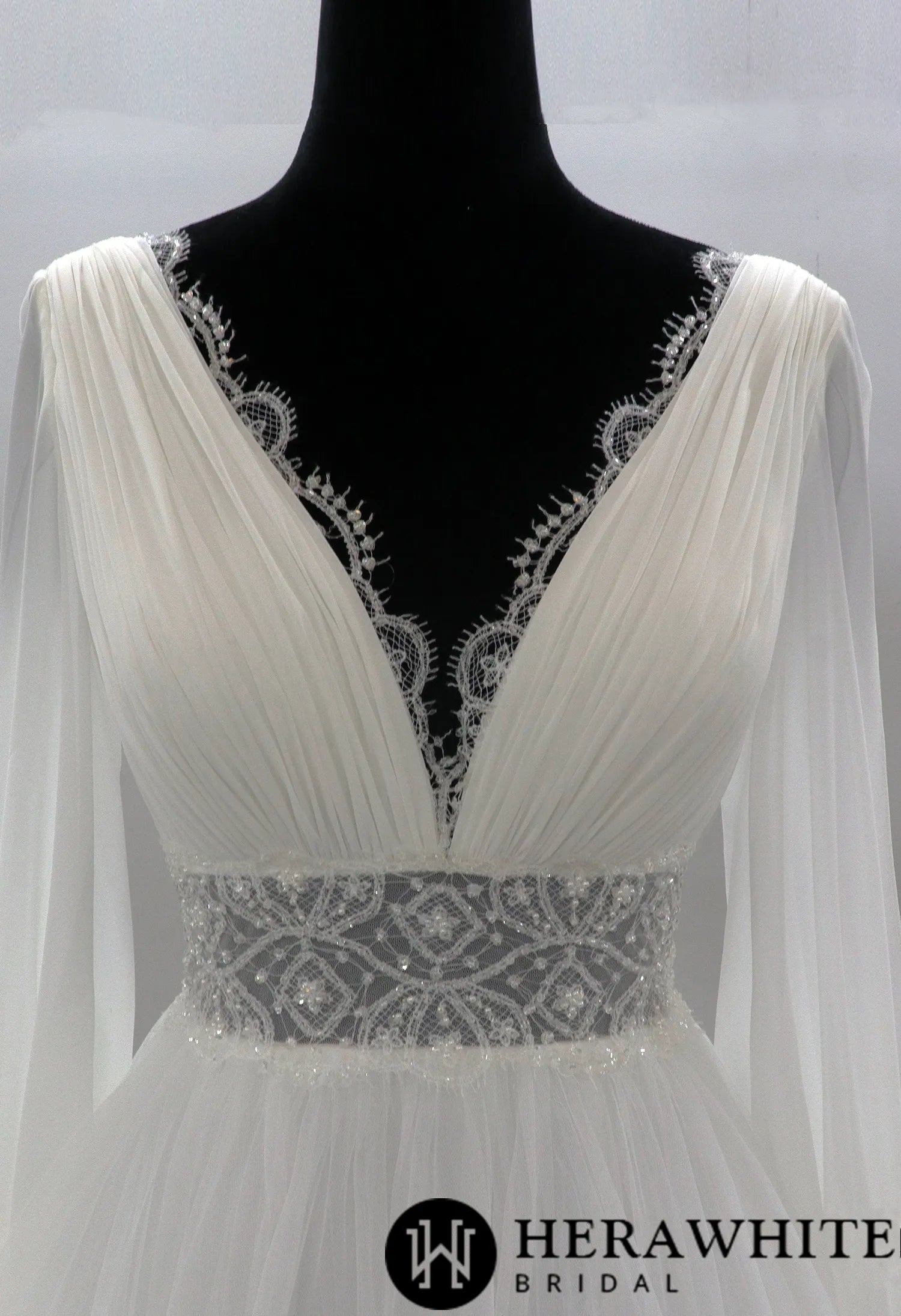 Plunging V-neck Long Sleeves Tulle Wedding Gown