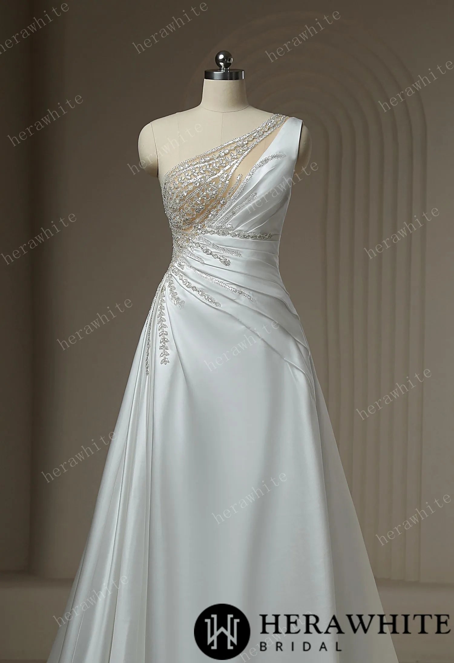 Beaded Rhinestone With Draped Illusion Back Wedding Dress