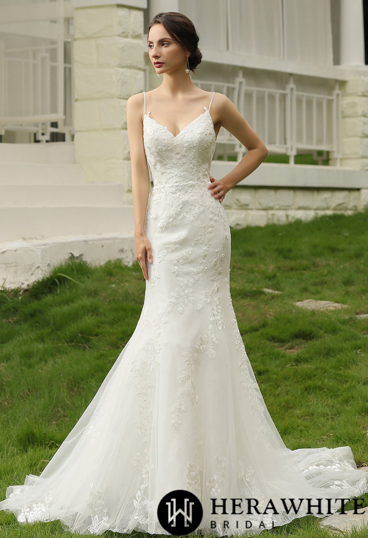 Spaghetti Beading Strap Fit To Flare Wedding Dress