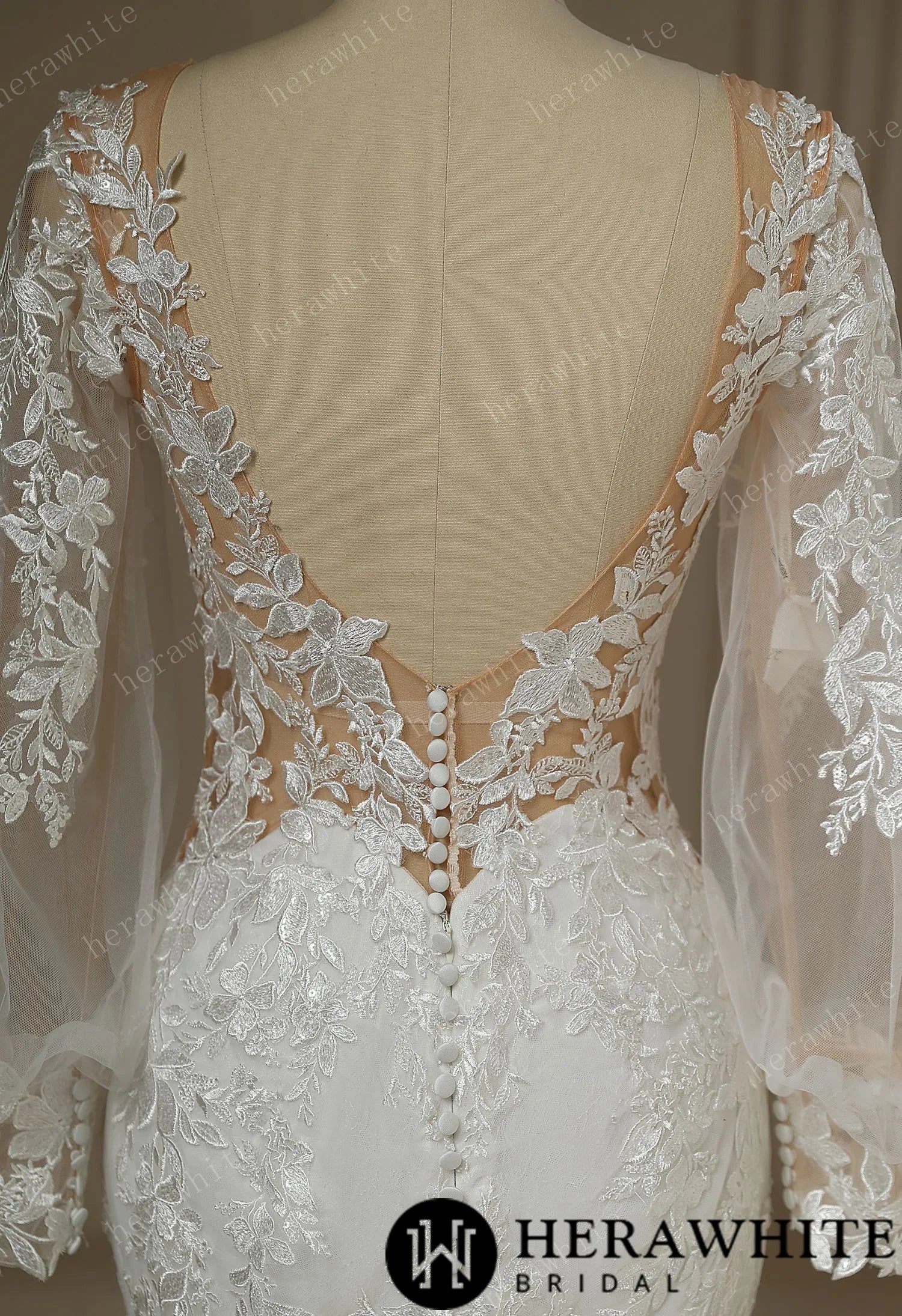 Long Train Mermaid Bridal Lace Wedding Dress With Plunging Neckline