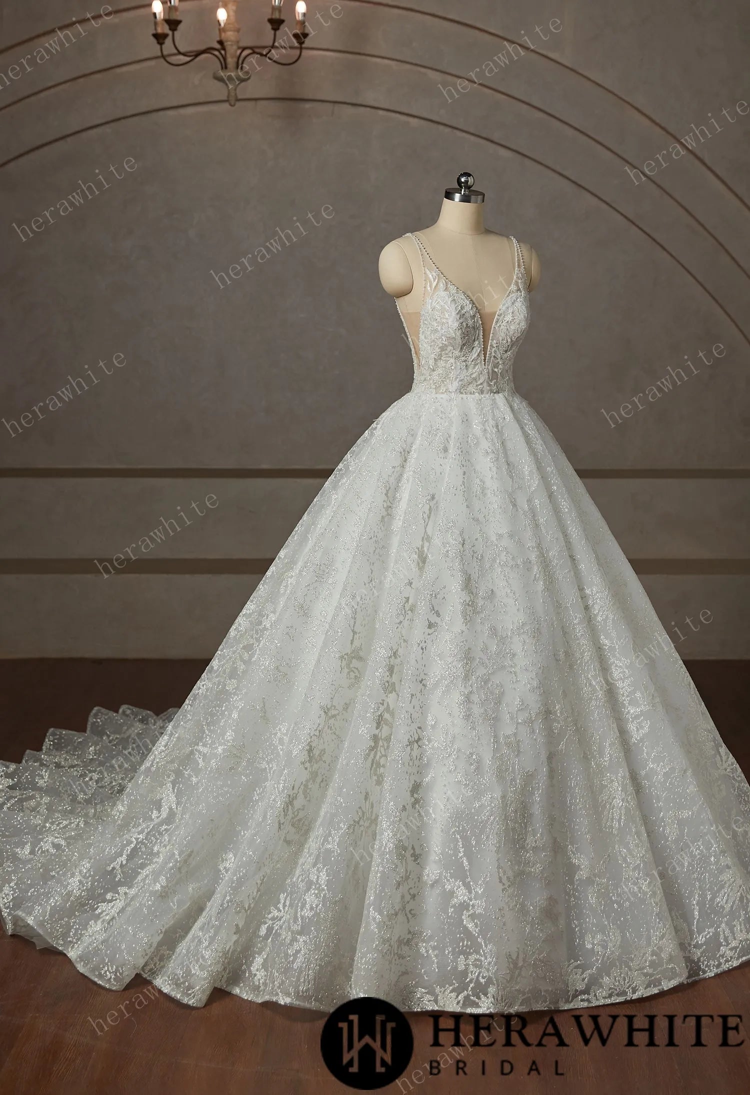 Princess Beaded Deep-plunge Ball Gown Wedding Dress