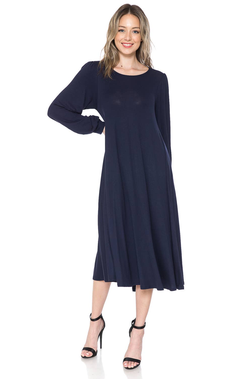 Bishop Sleeve Midi Dress: EGGPLANT / L