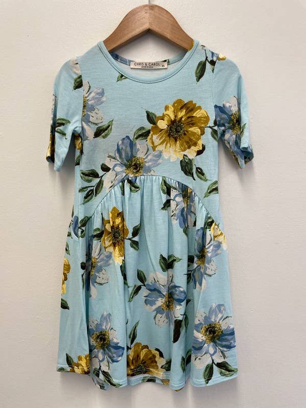 GIRLS FLORAL KNIT DRESS - K1610140D: L / BLUE/YELLOW