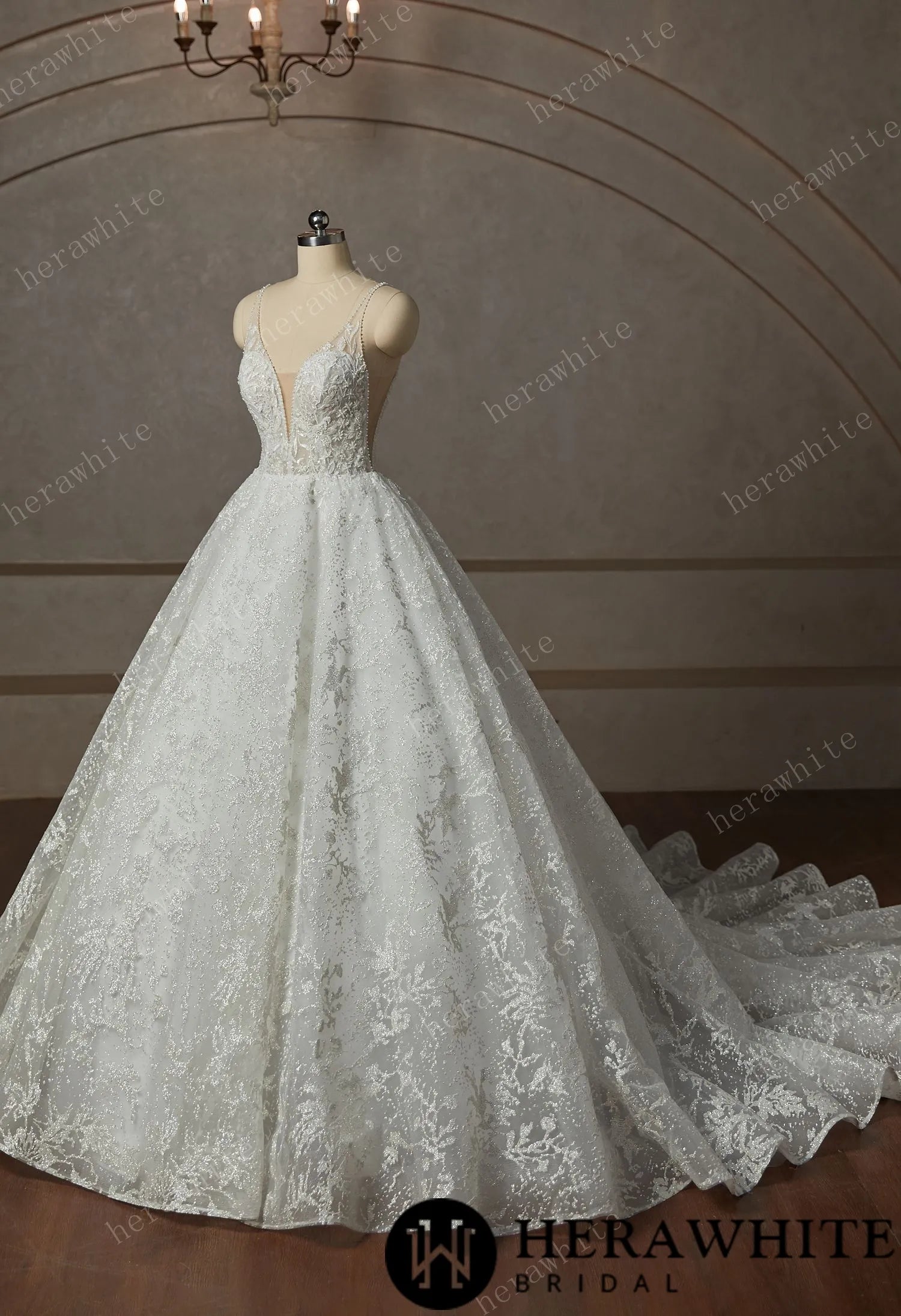 Princess Beaded Deep-plunge Ball Gown Wedding Dress